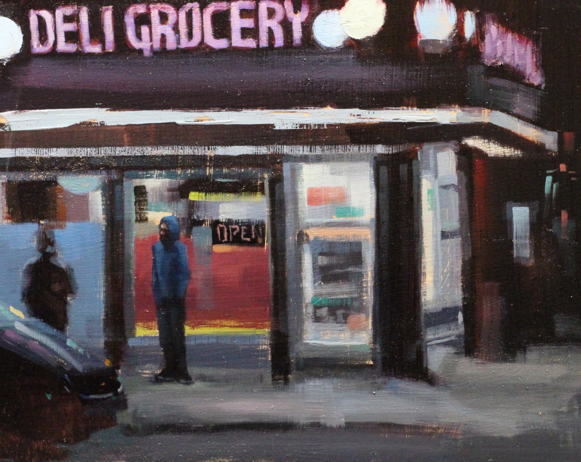 A painting of a deli grocery store at night with people walking by.