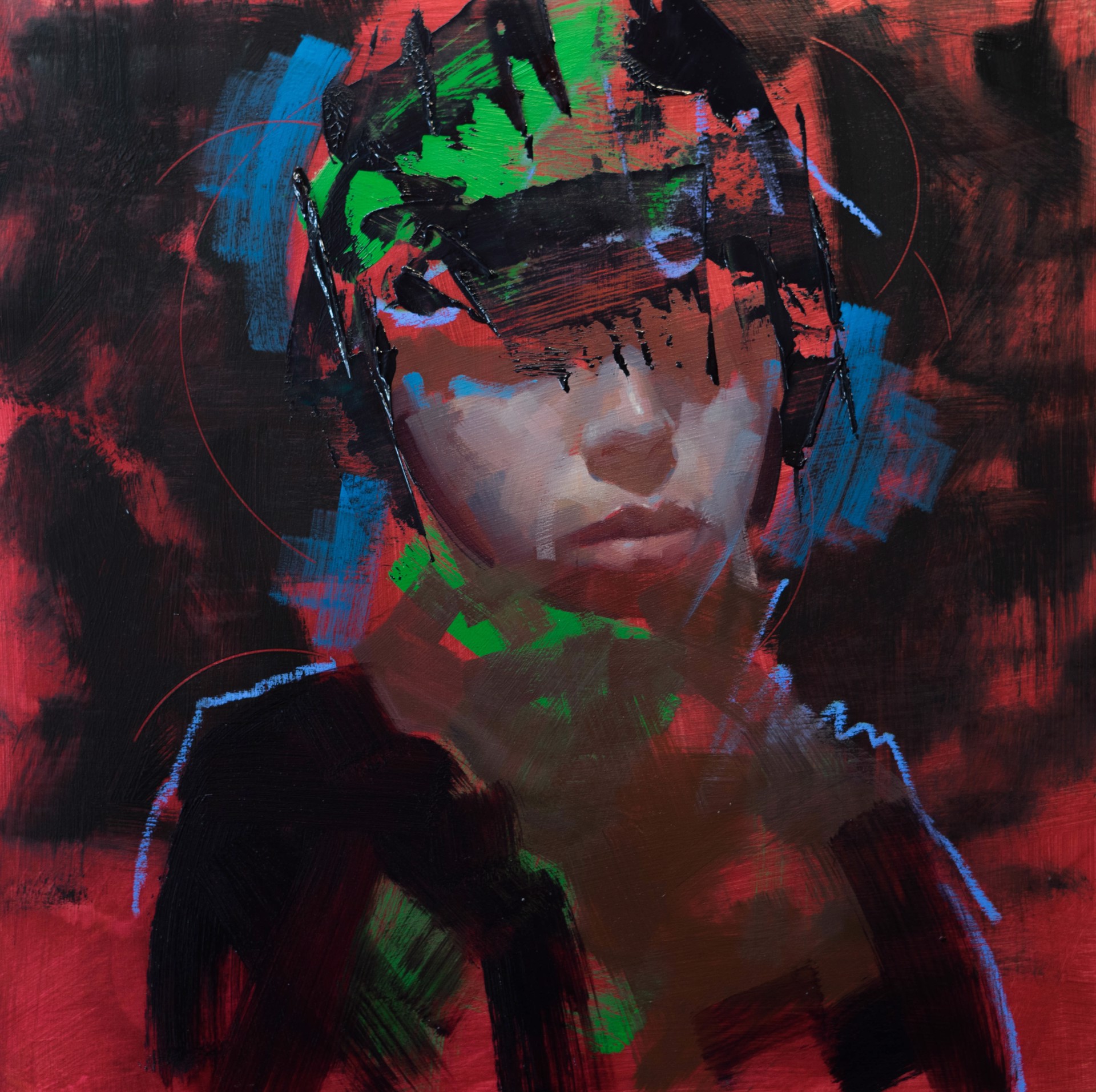 A painting of a young boy with a helmet on his head.