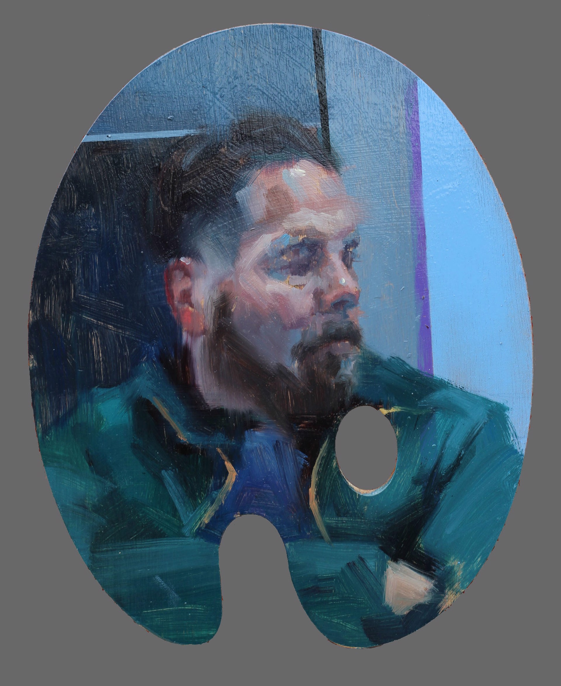 A painting of a man with a beard in a green jacket.