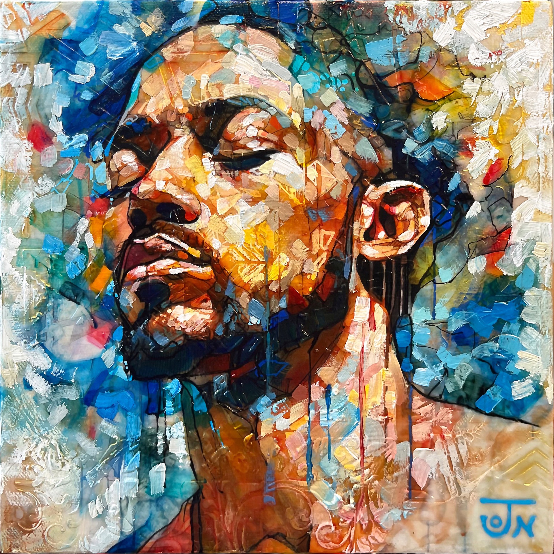 A painting of a man with his eyes closed.