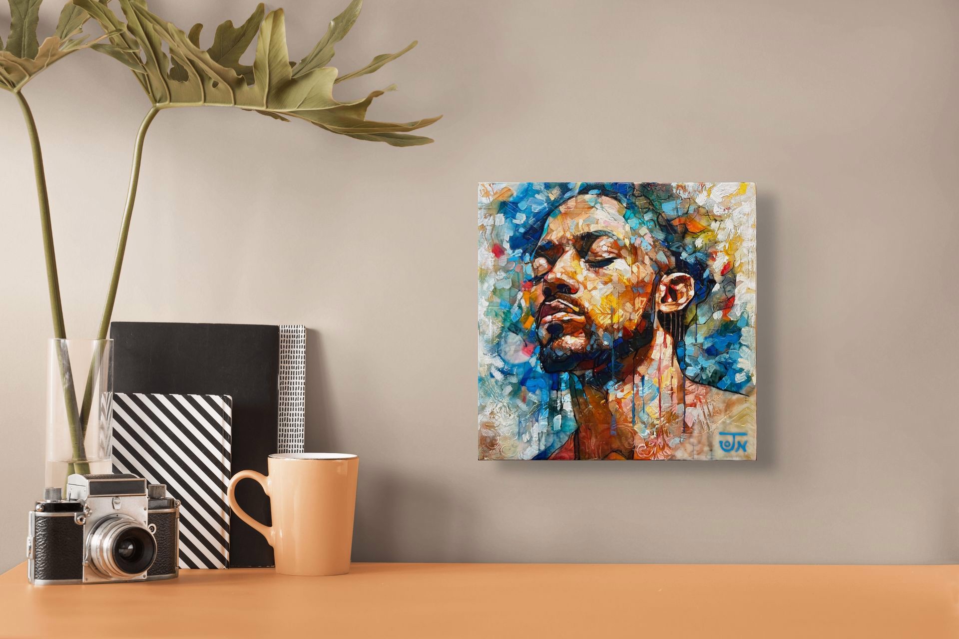 A painting of a man with his eyes closed.