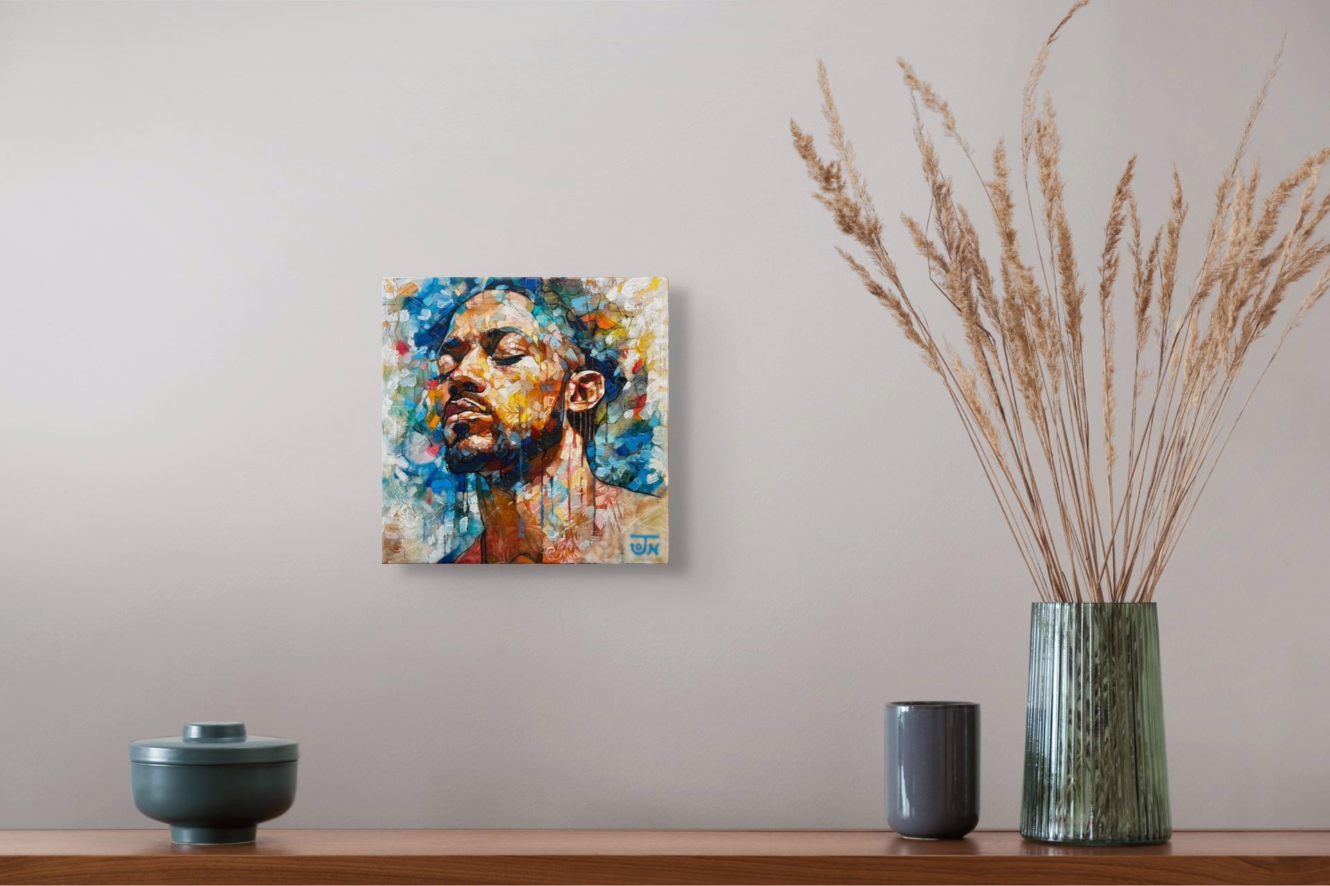 A painting of a man with his eyes closed.