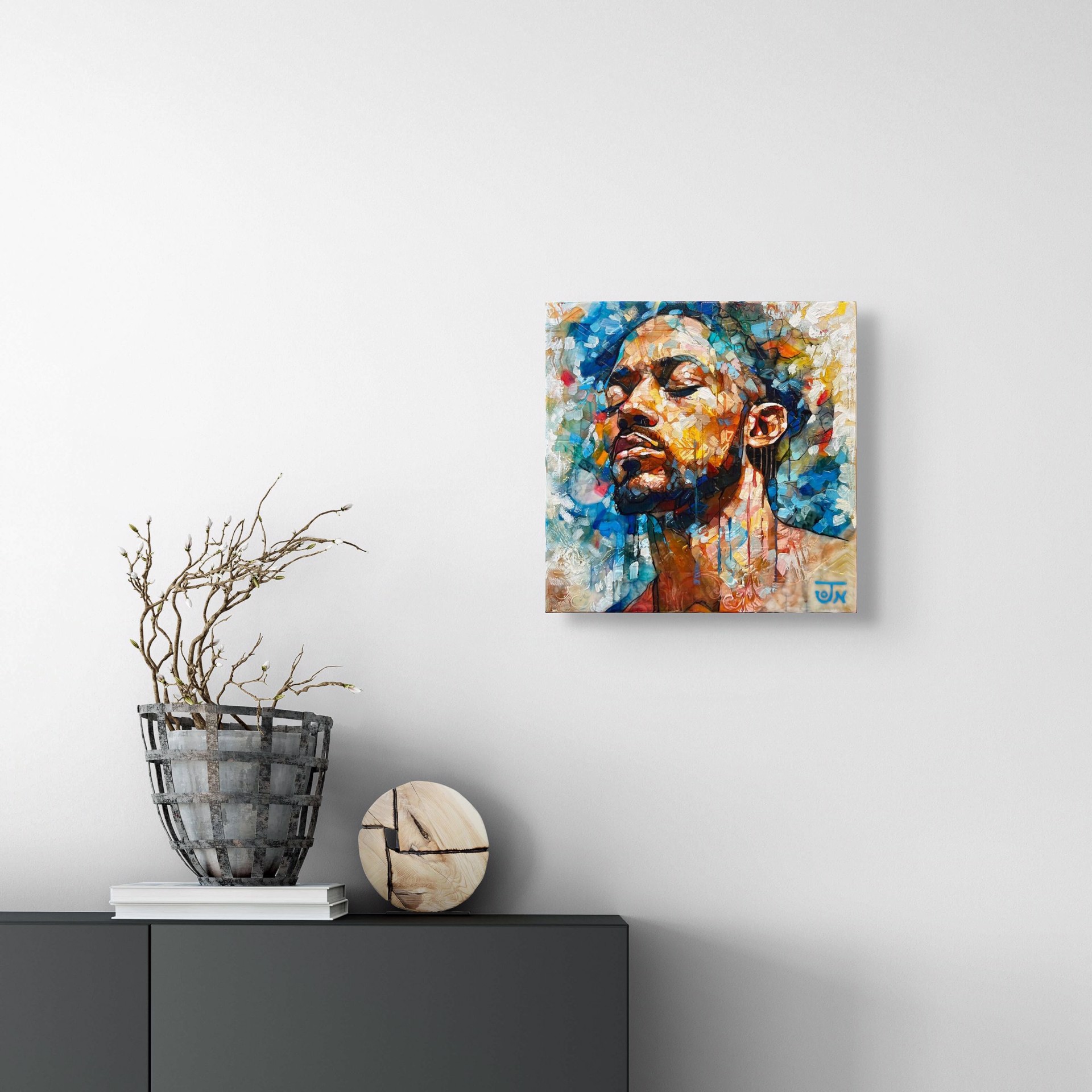 A painting of a man with his eyes closed.