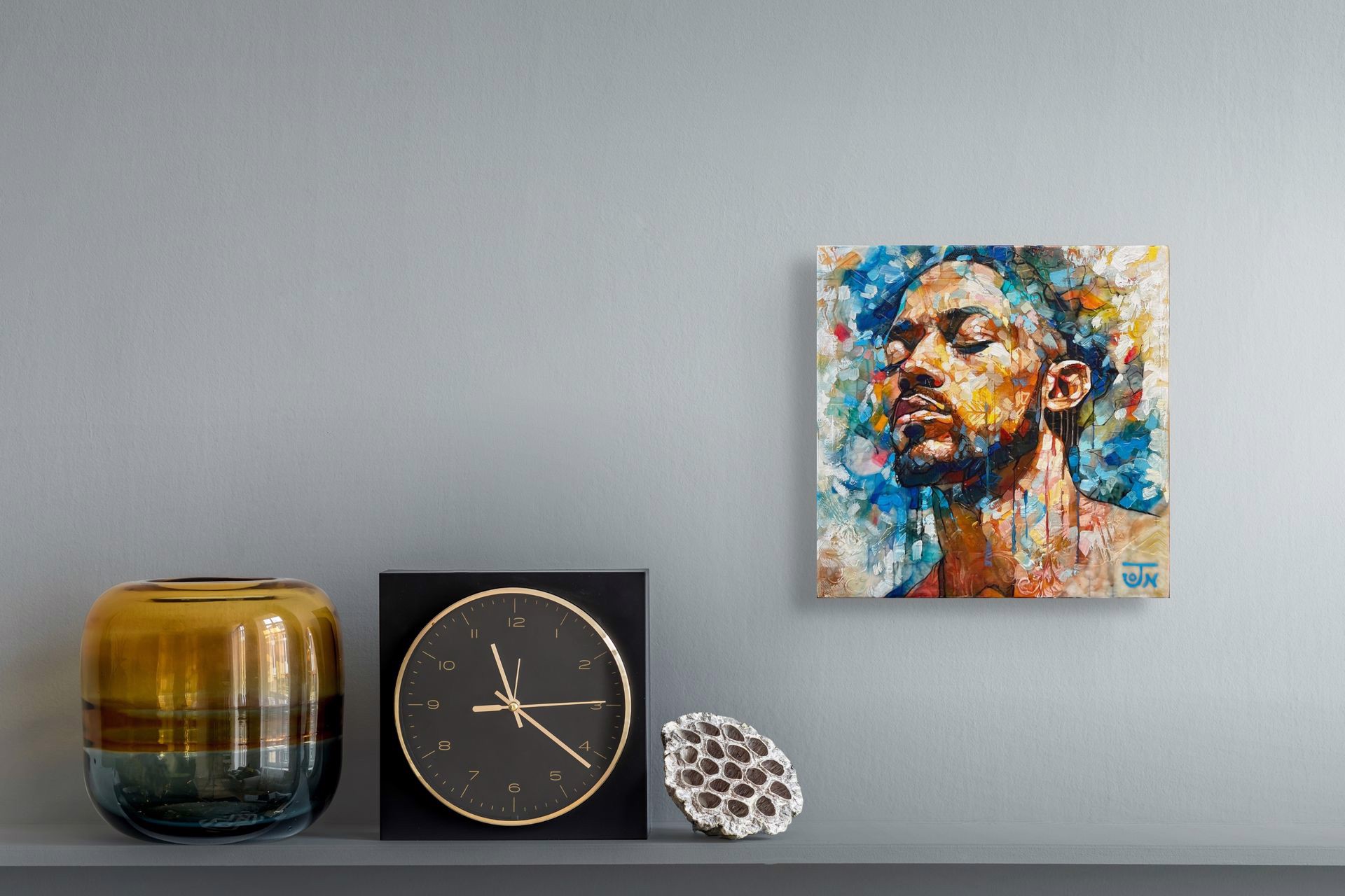 A painting of a man with his eyes closed.