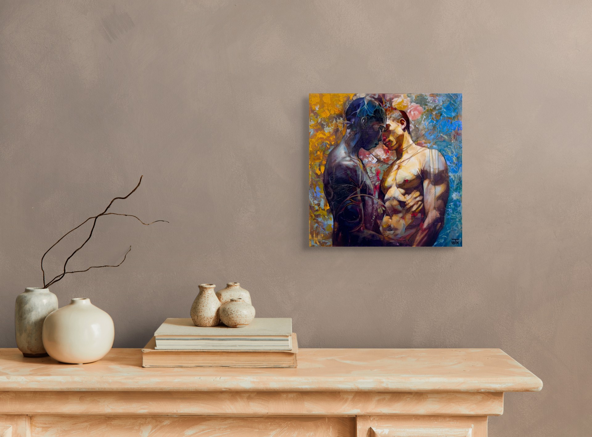 A painting of a man and a woman embracing each other.