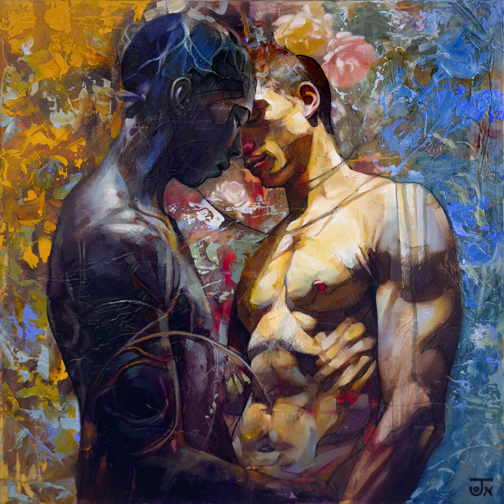 A painting of a man and a woman embracing each other.
