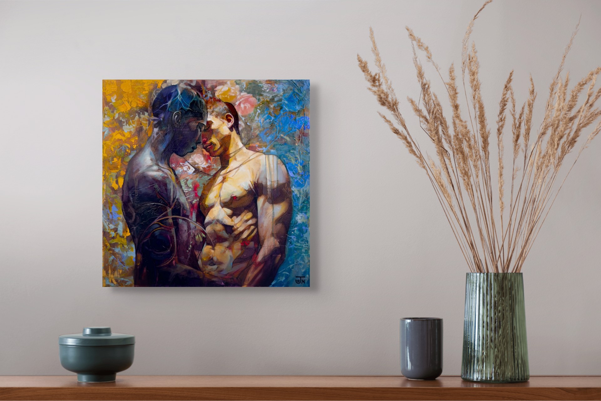 A painting of a man and a woman embracing each other.