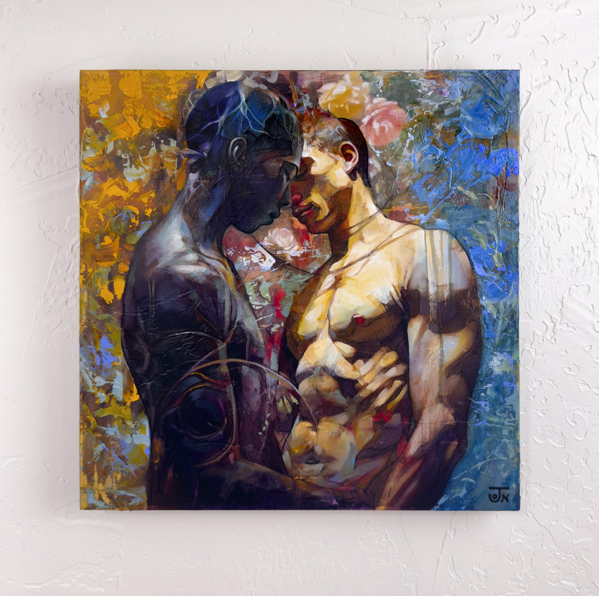 A painting of a man and a woman embracing each other.