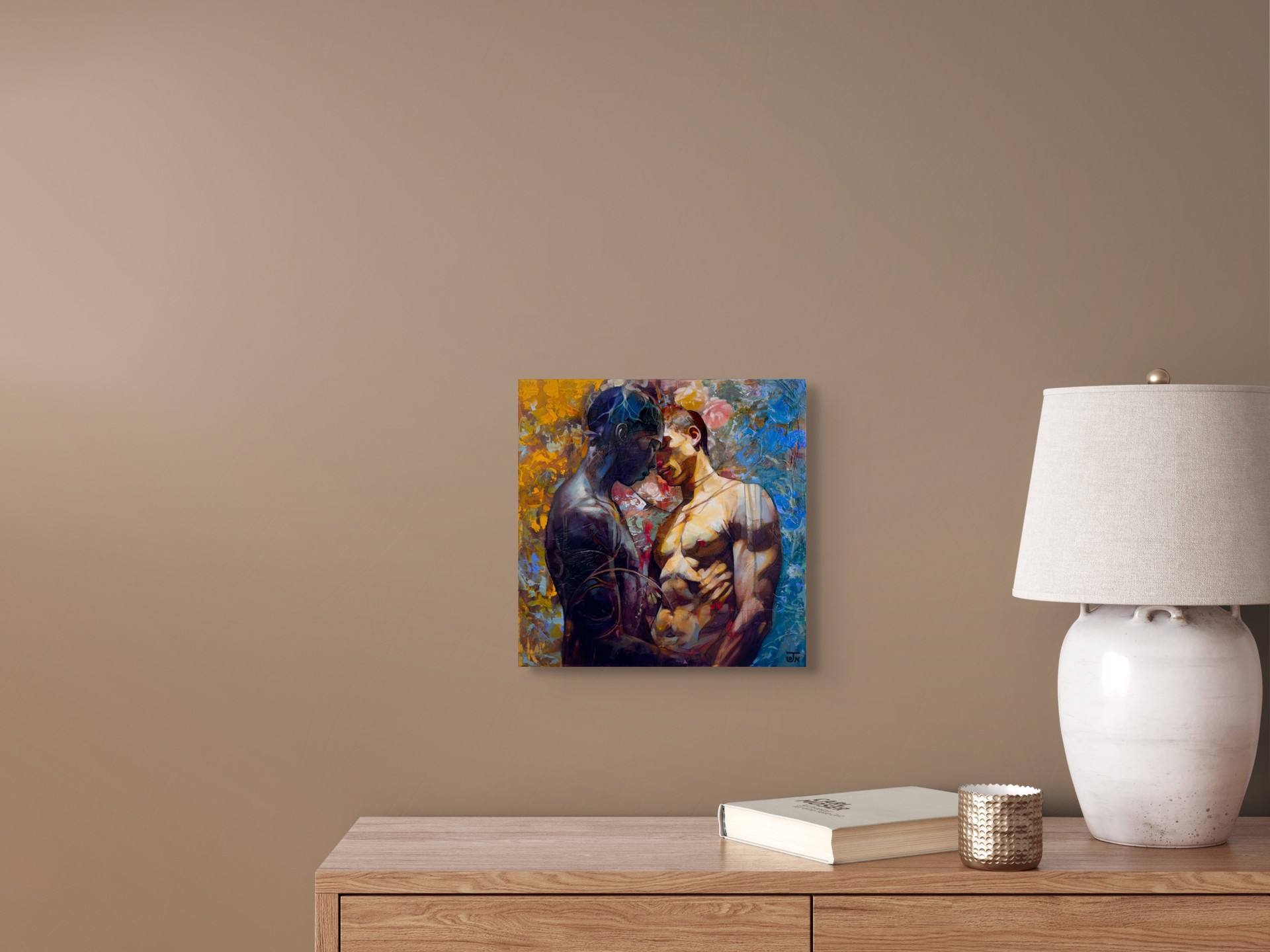 A painting of a man and a woman embracing each other.