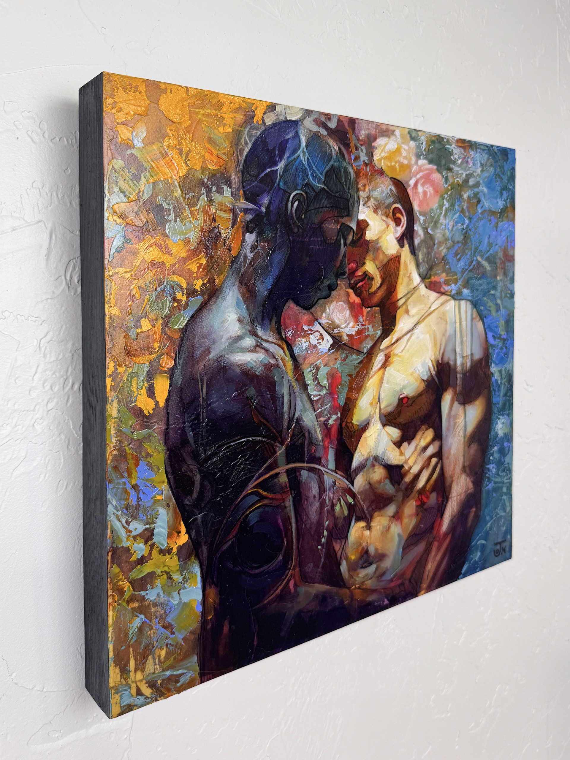 A painting of a man and a woman embracing each other.