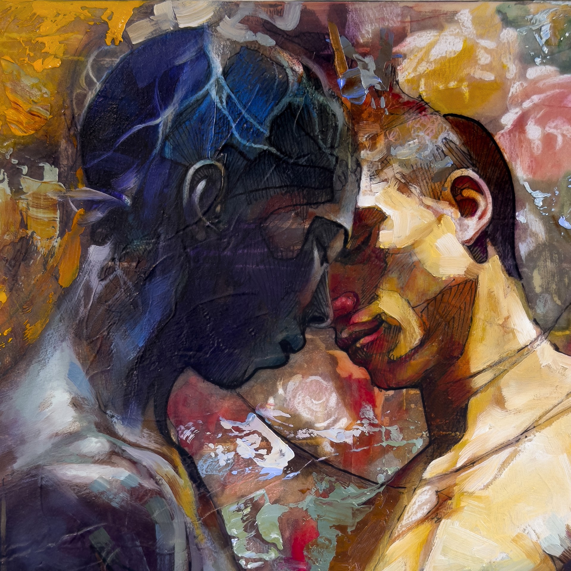 A painting of a man and a woman embracing each other.