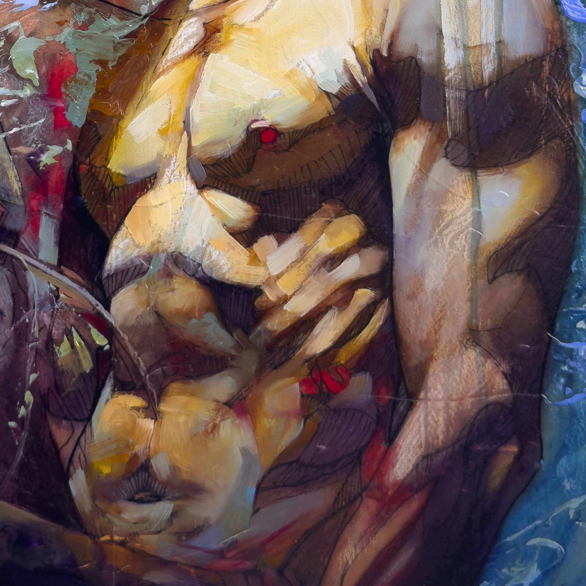 A painting of a man and a woman embracing each other.