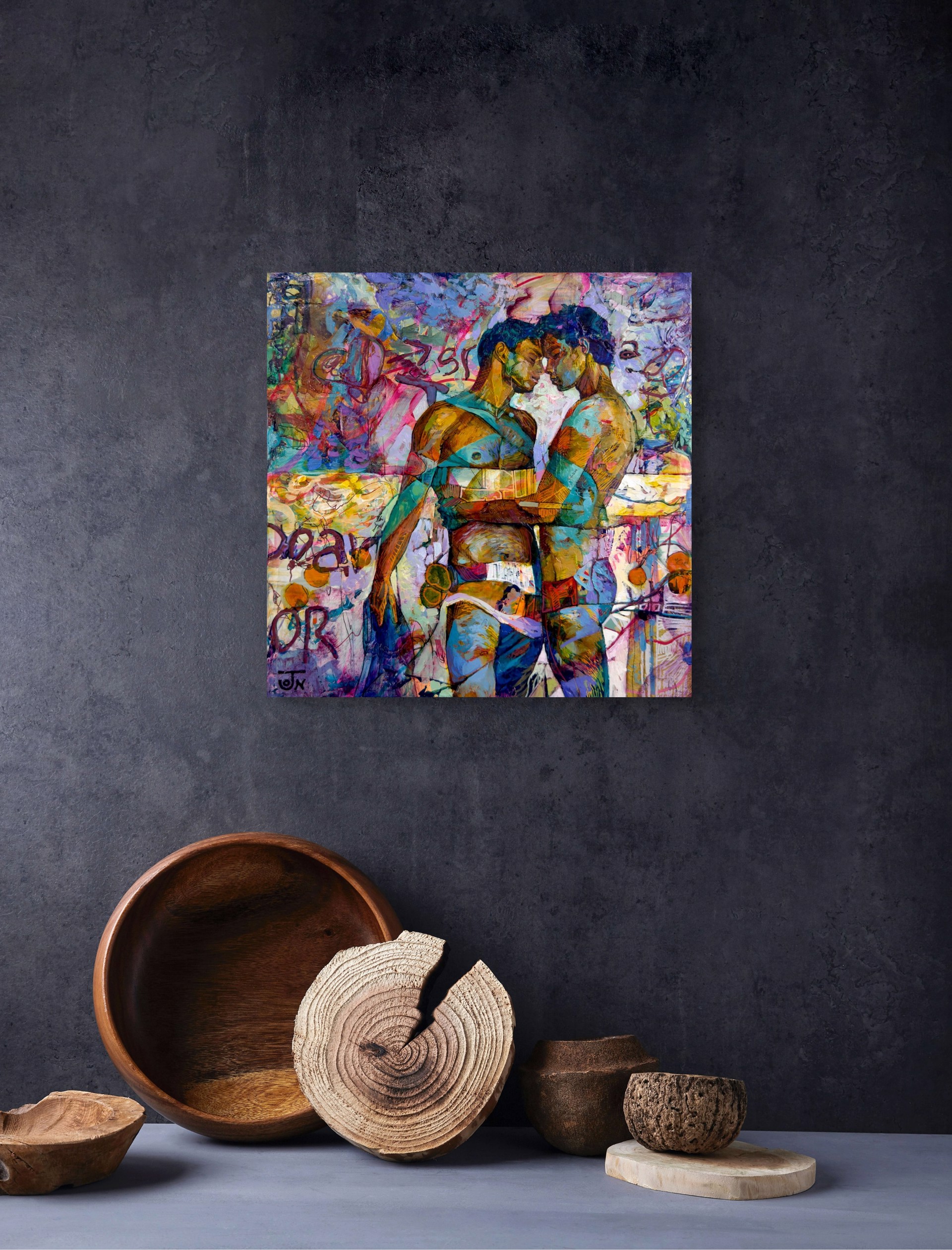 A painting of two men standing next to each other.