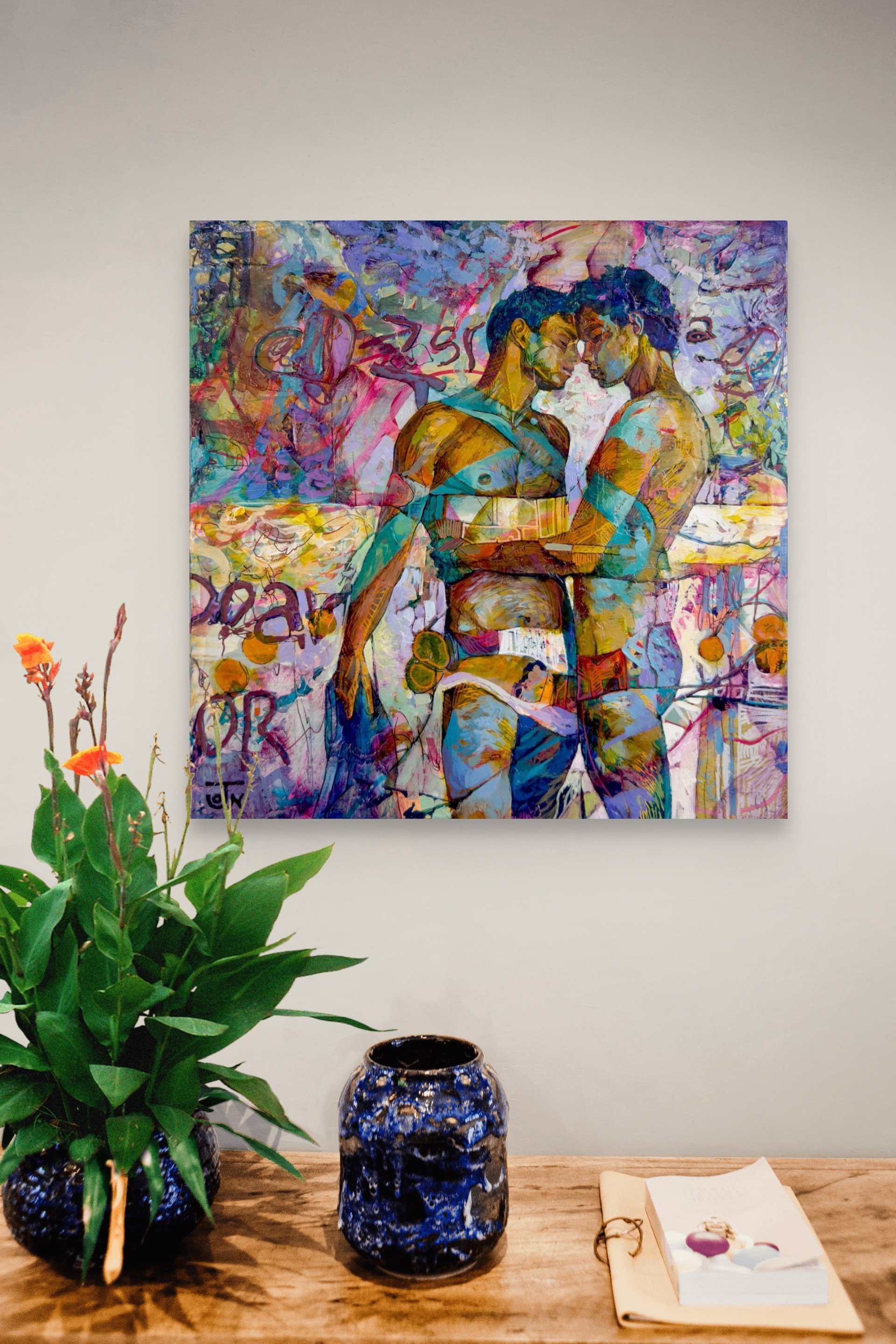 A painting of two men standing next to each other.