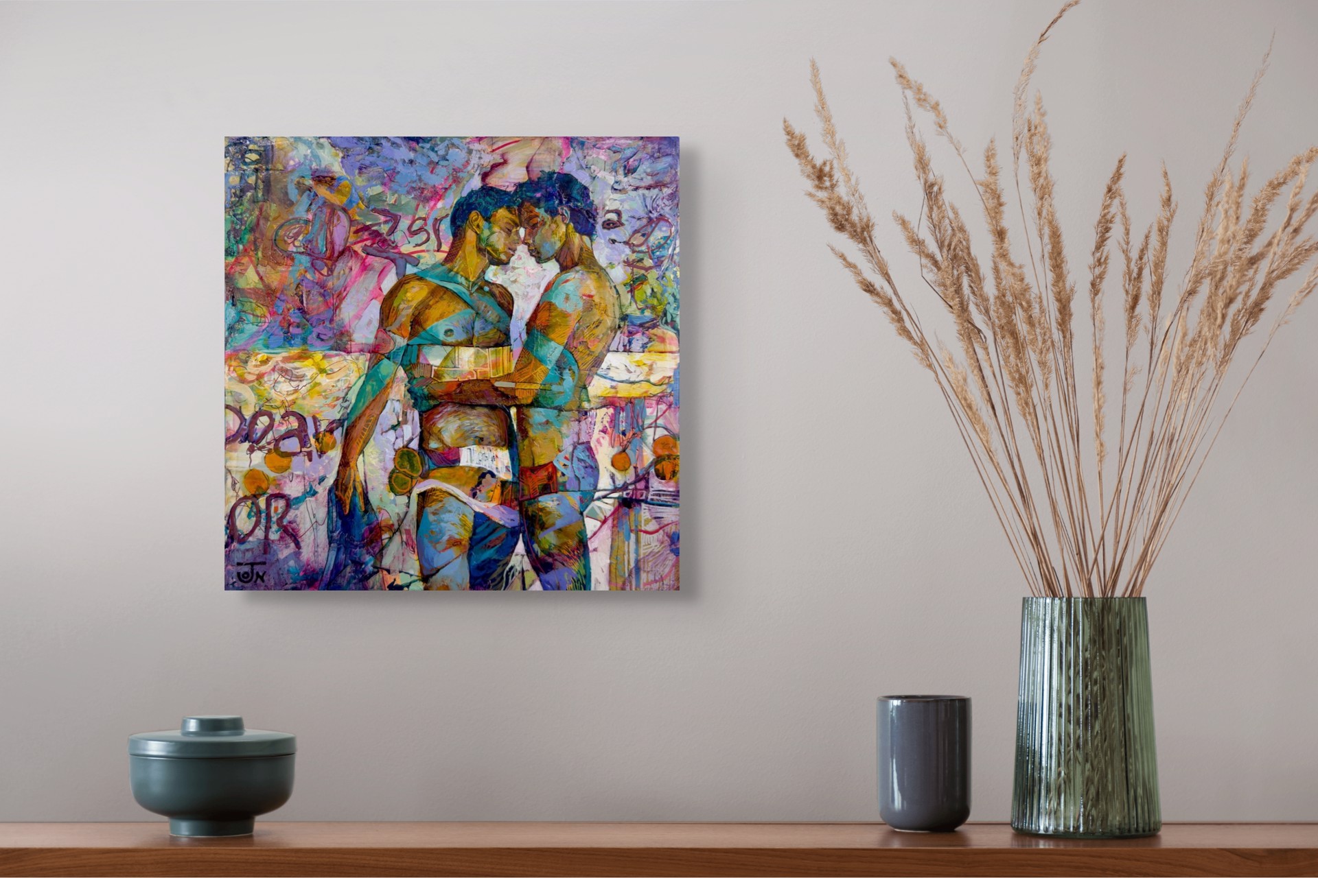 A painting of two men standing next to each other.