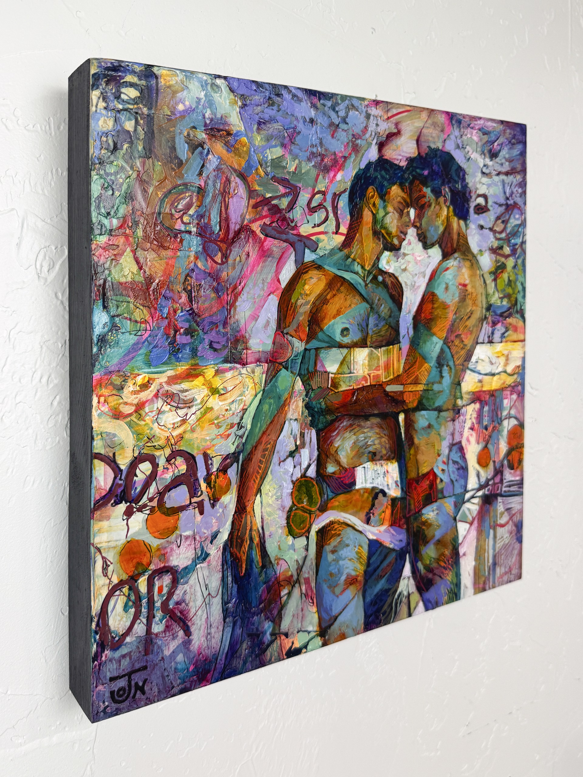 A painting of two men standing next to each other.