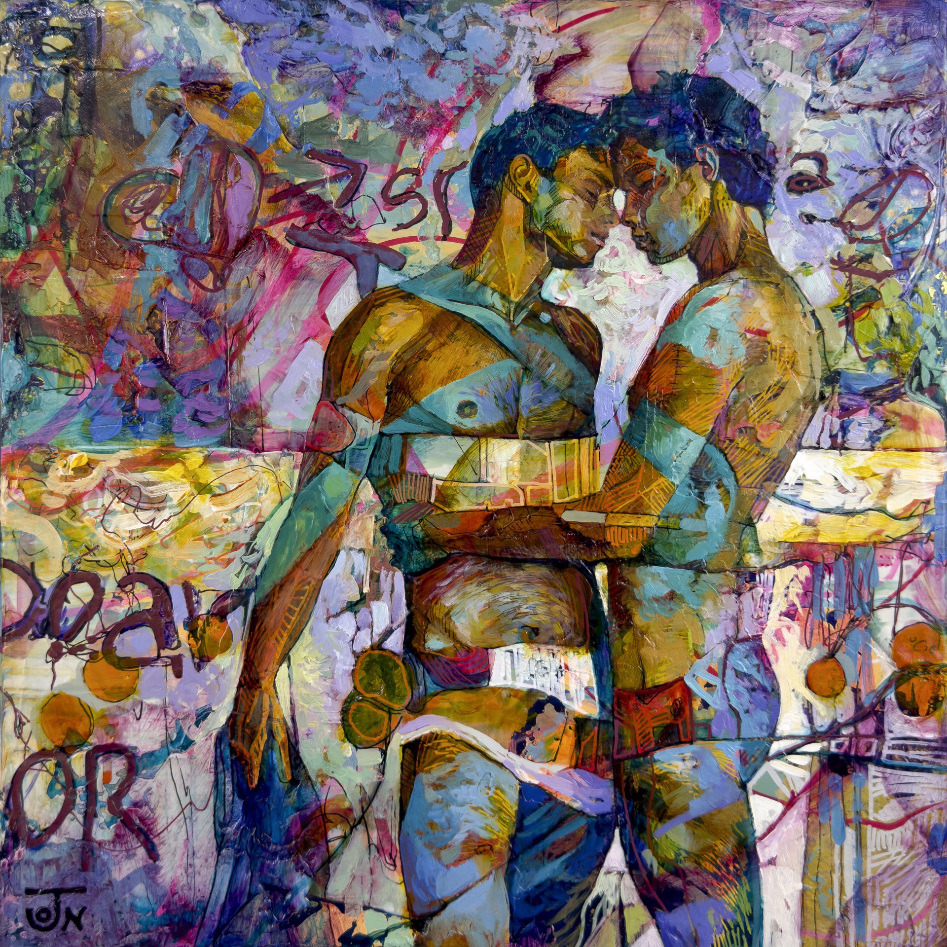 A painting of two men standing next to each other.