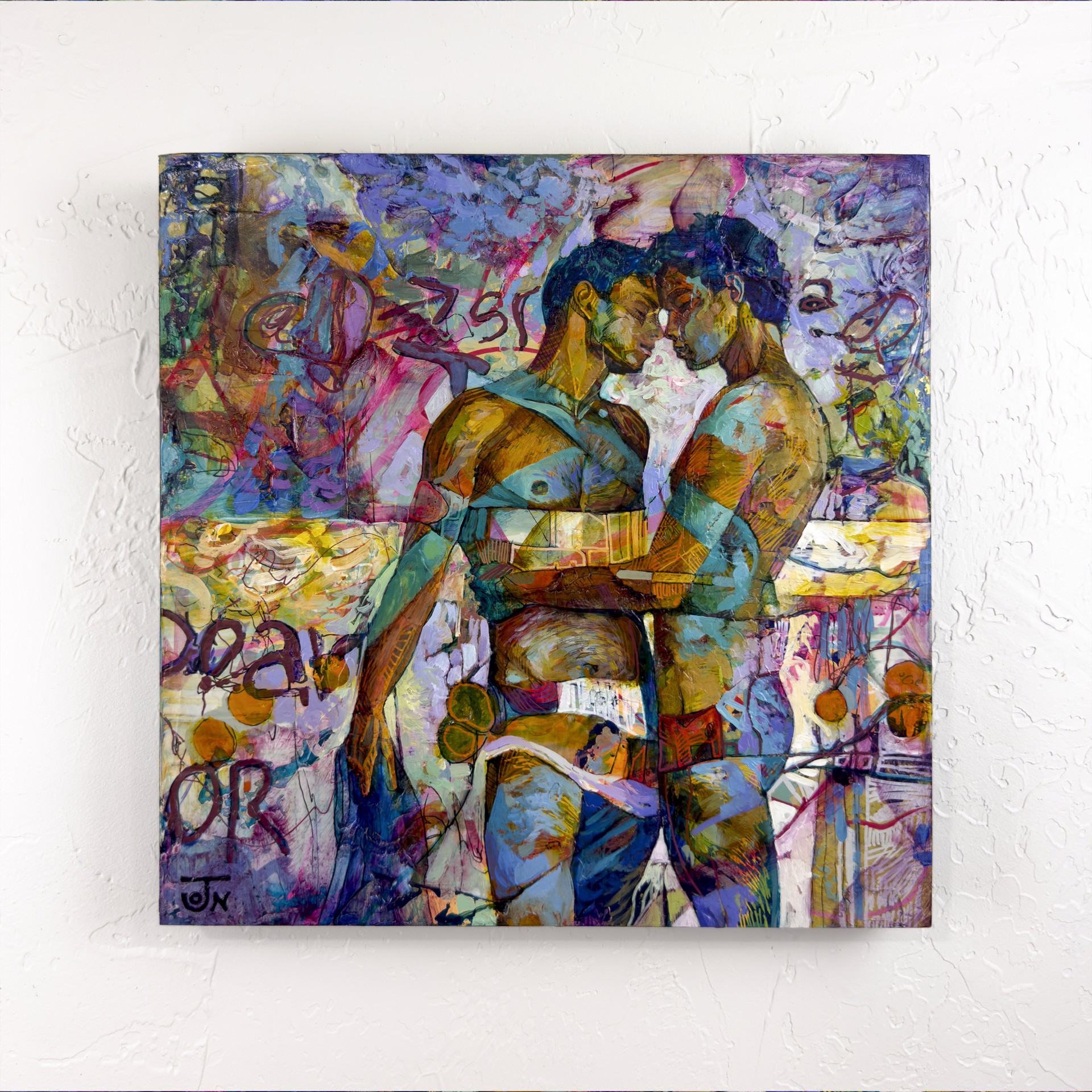 A painting of two men standing next to each other.