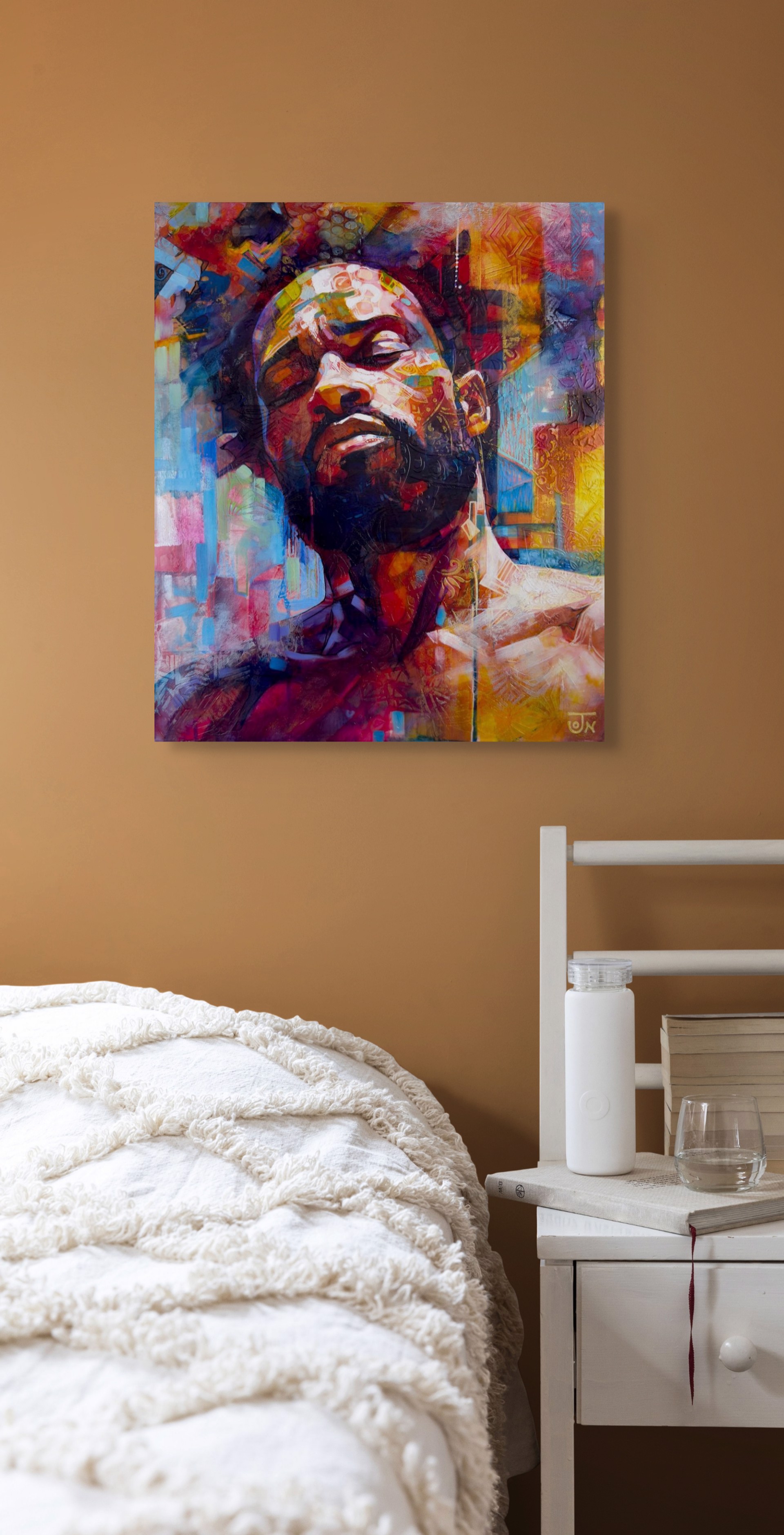 A painting of a man with his eyes closed and his head tilted to the side.