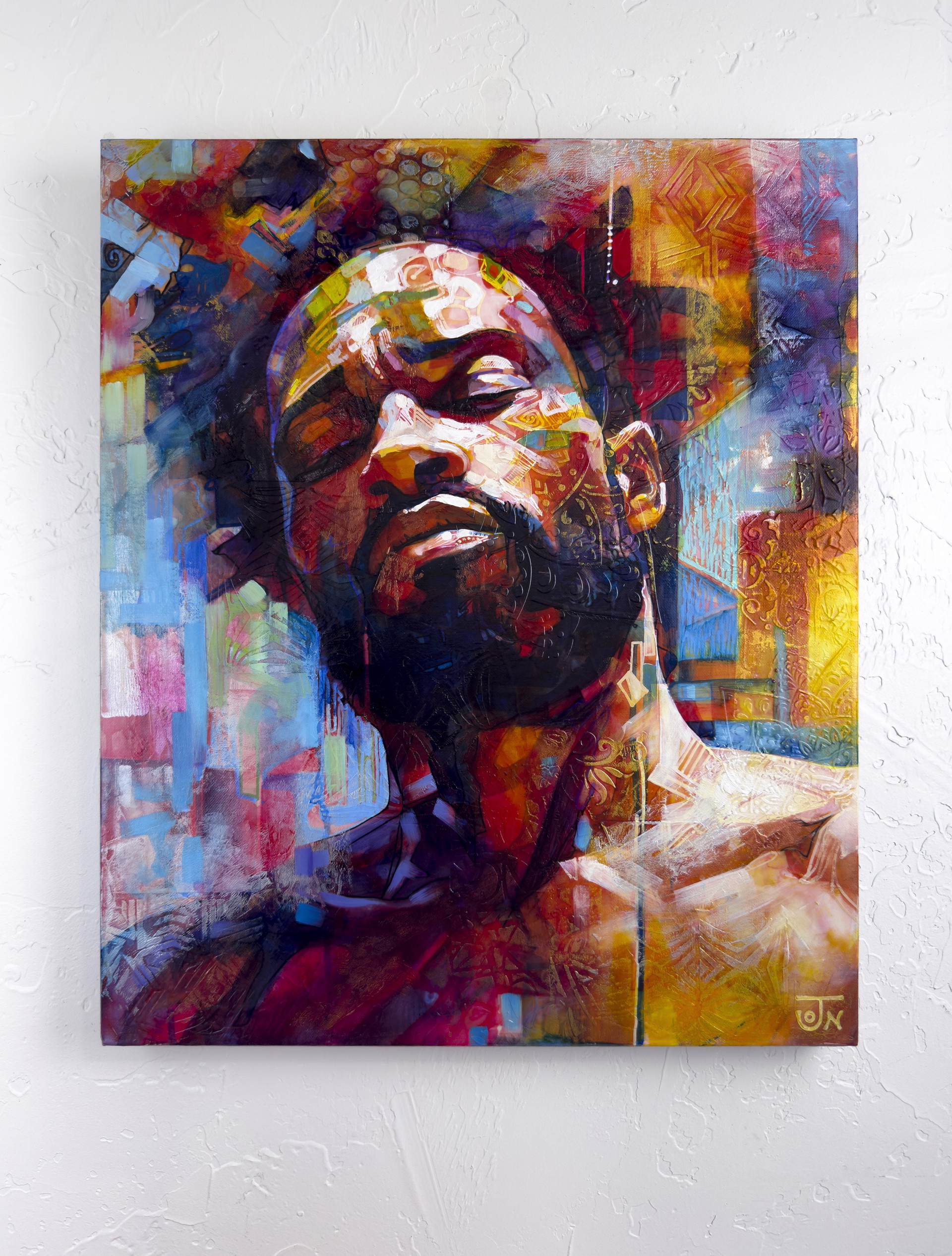 A painting of a man with his eyes closed and his head tilted to the side.