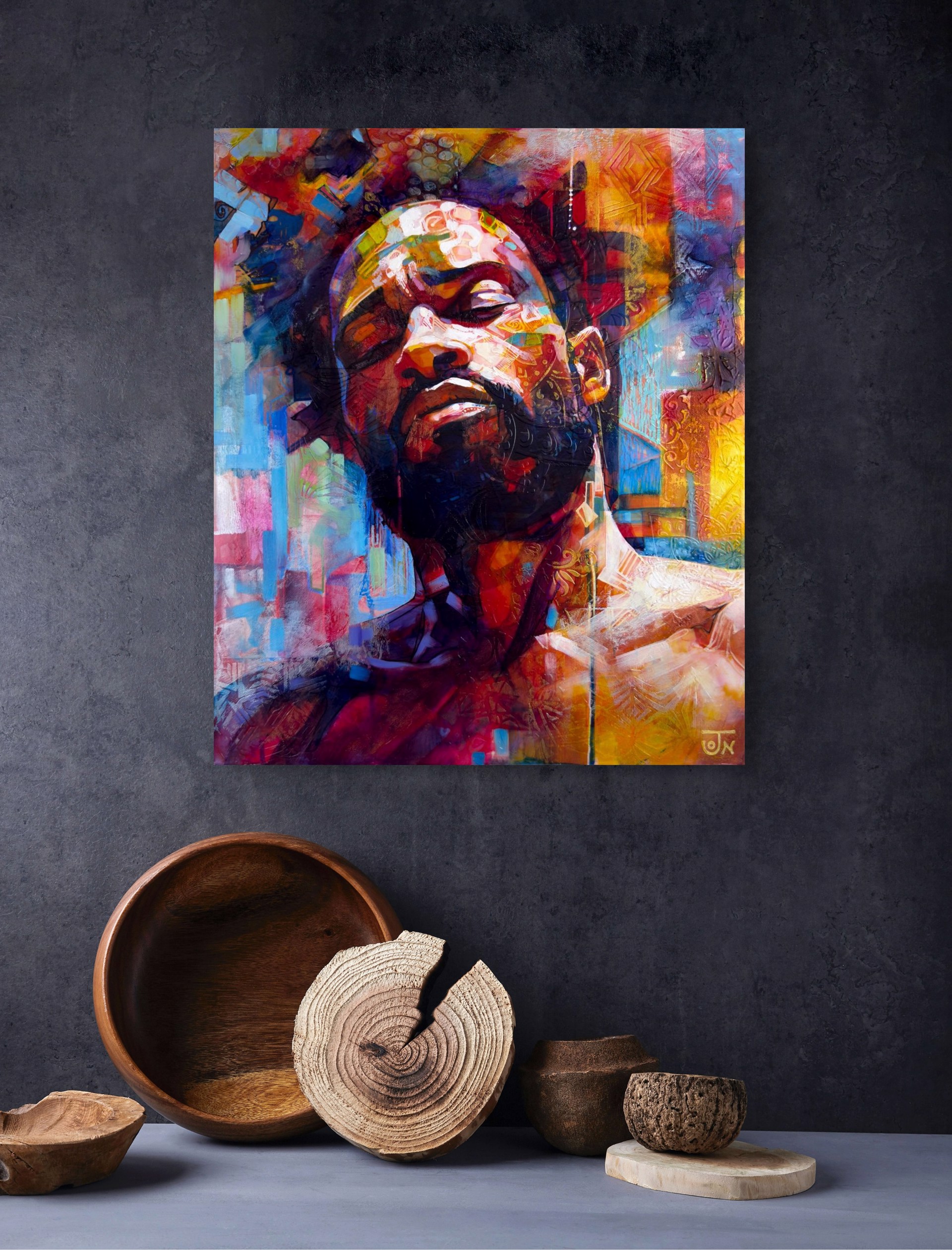 A painting of a man with his eyes closed and his head tilted to the side.