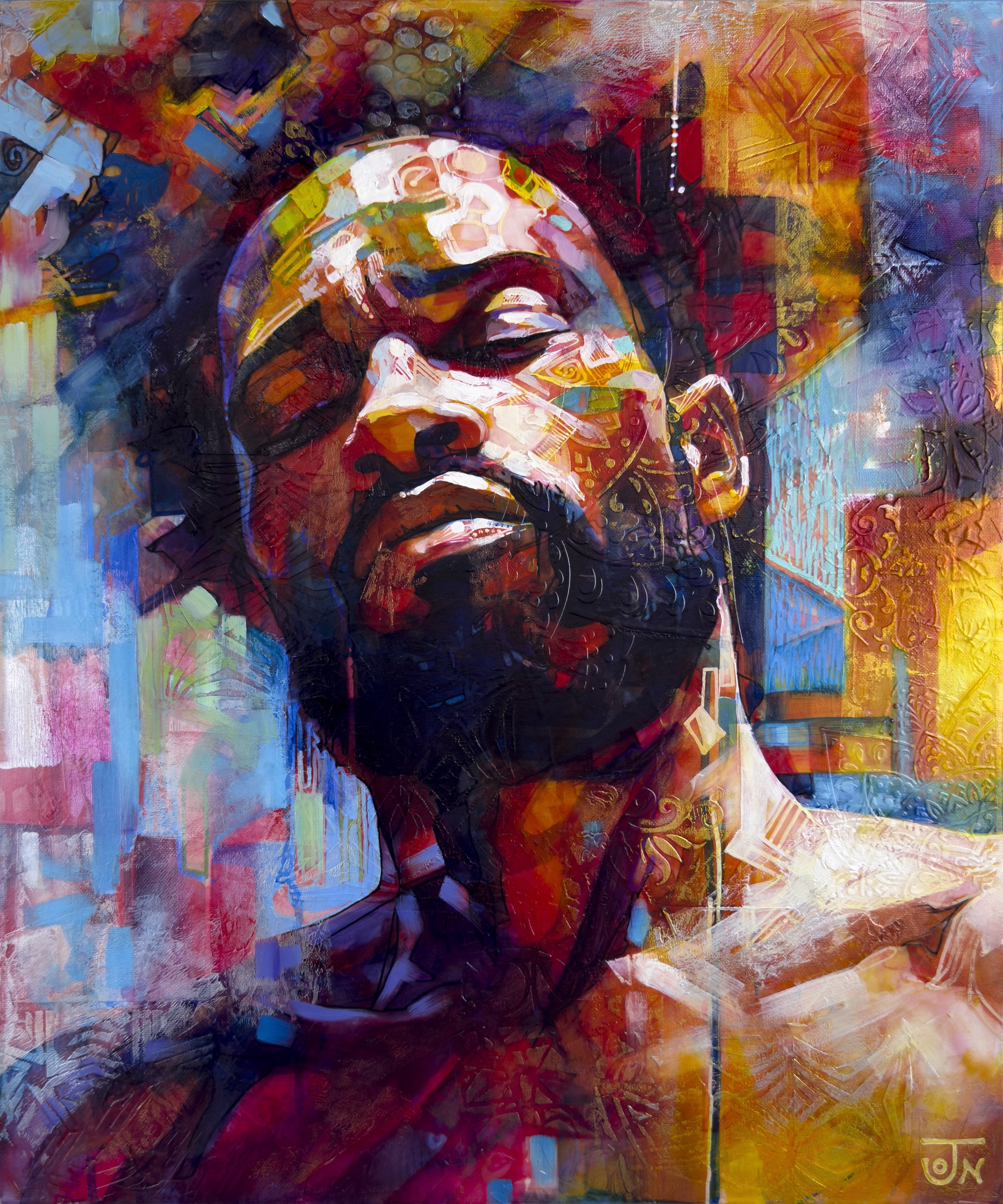 A painting of a man with his eyes closed and his head tilted to the side.