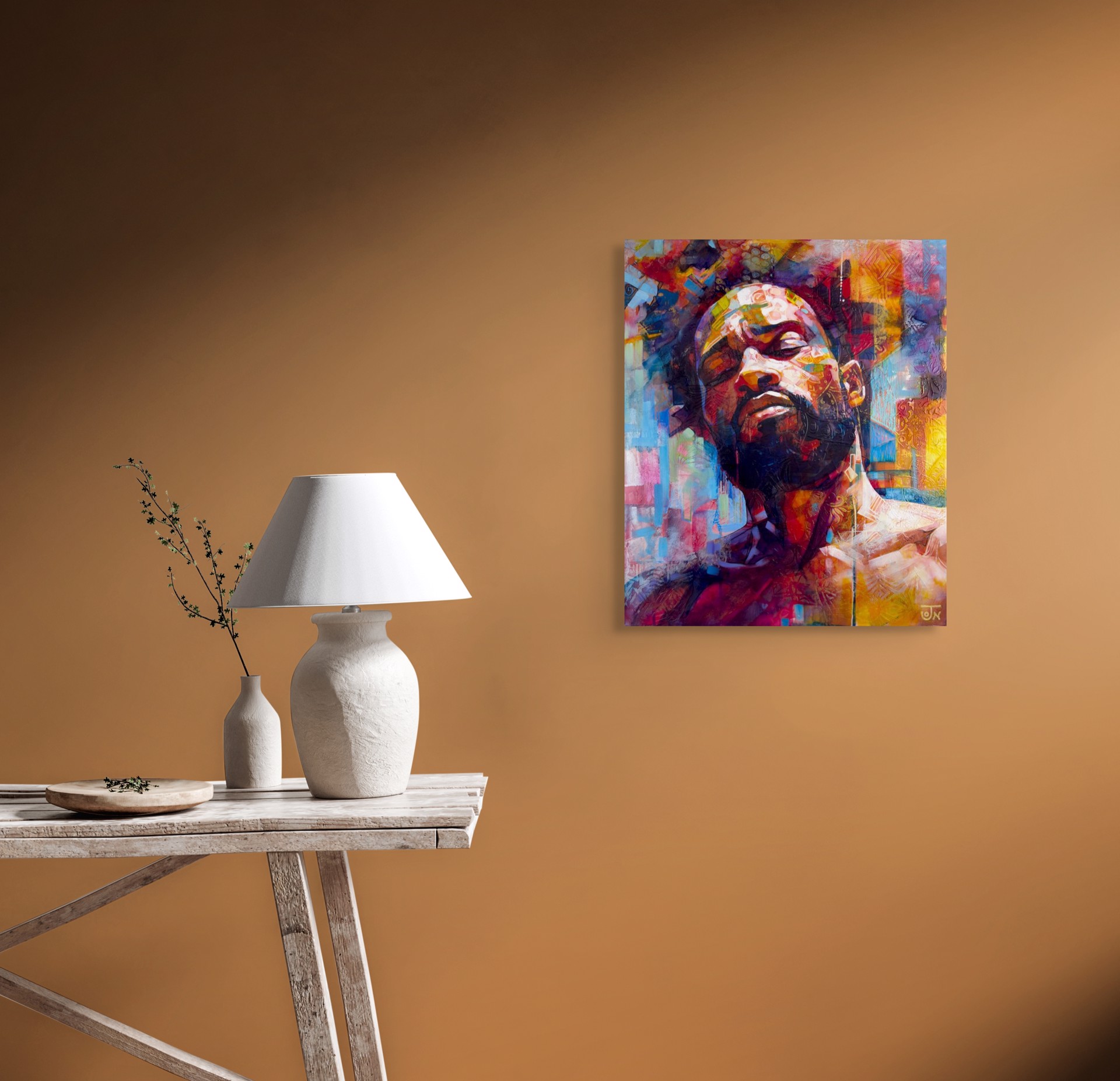 A painting of a man with his eyes closed and his head tilted to the side.