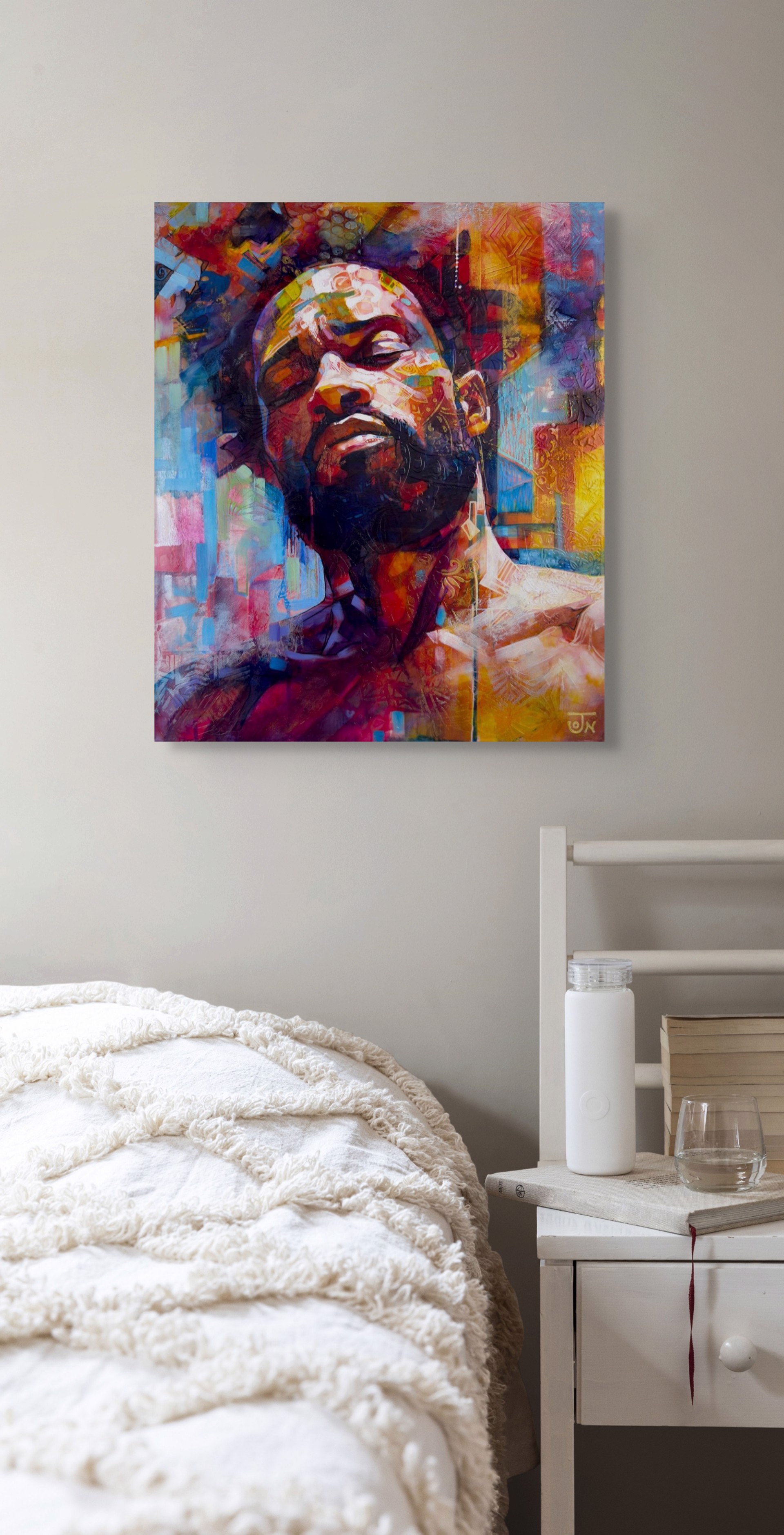 A painting of a man with his eyes closed and his head tilted to the side.
