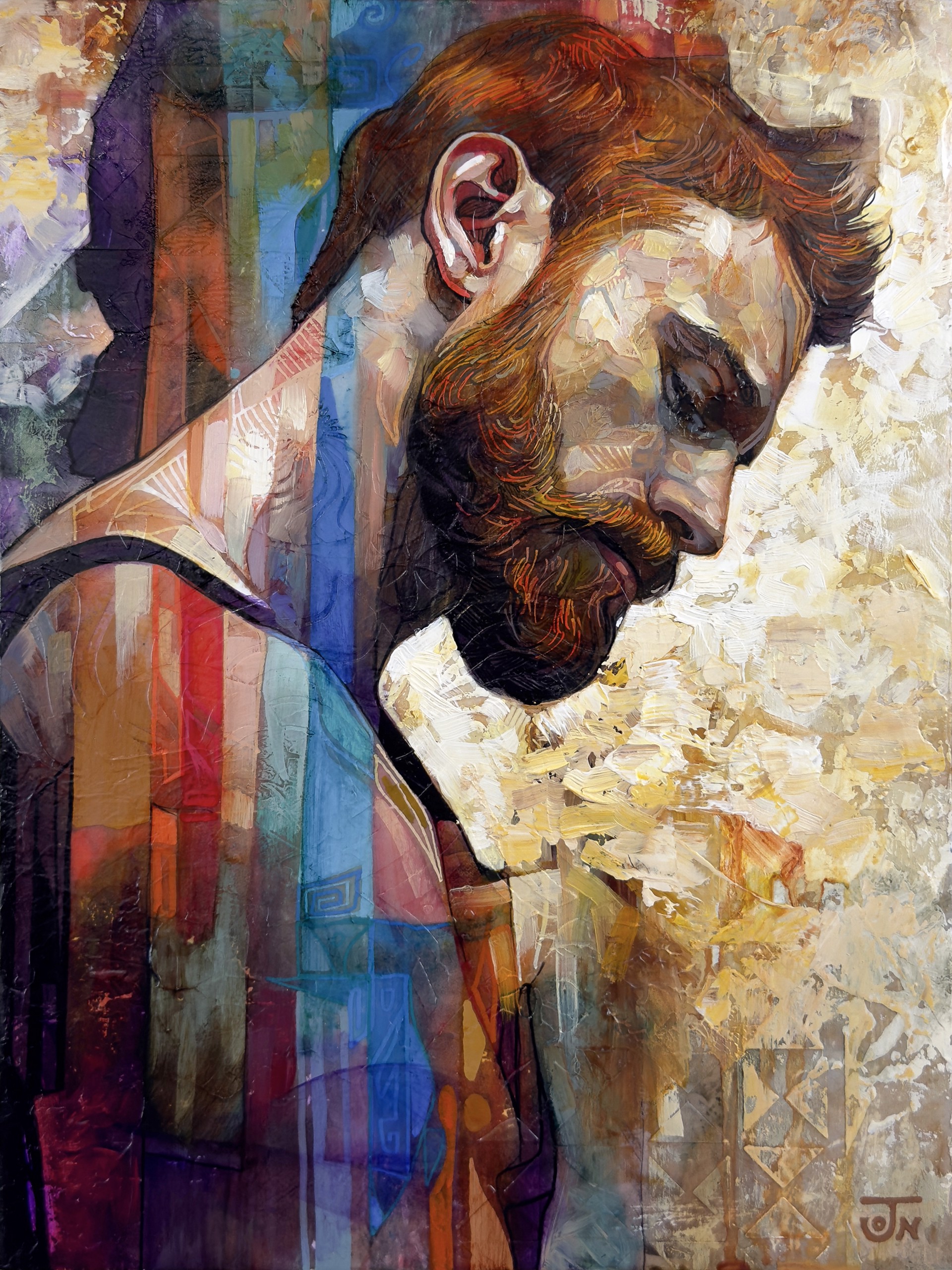 A contemplative portrait of a bearded figure rendered in textured, layered brushstrokes.