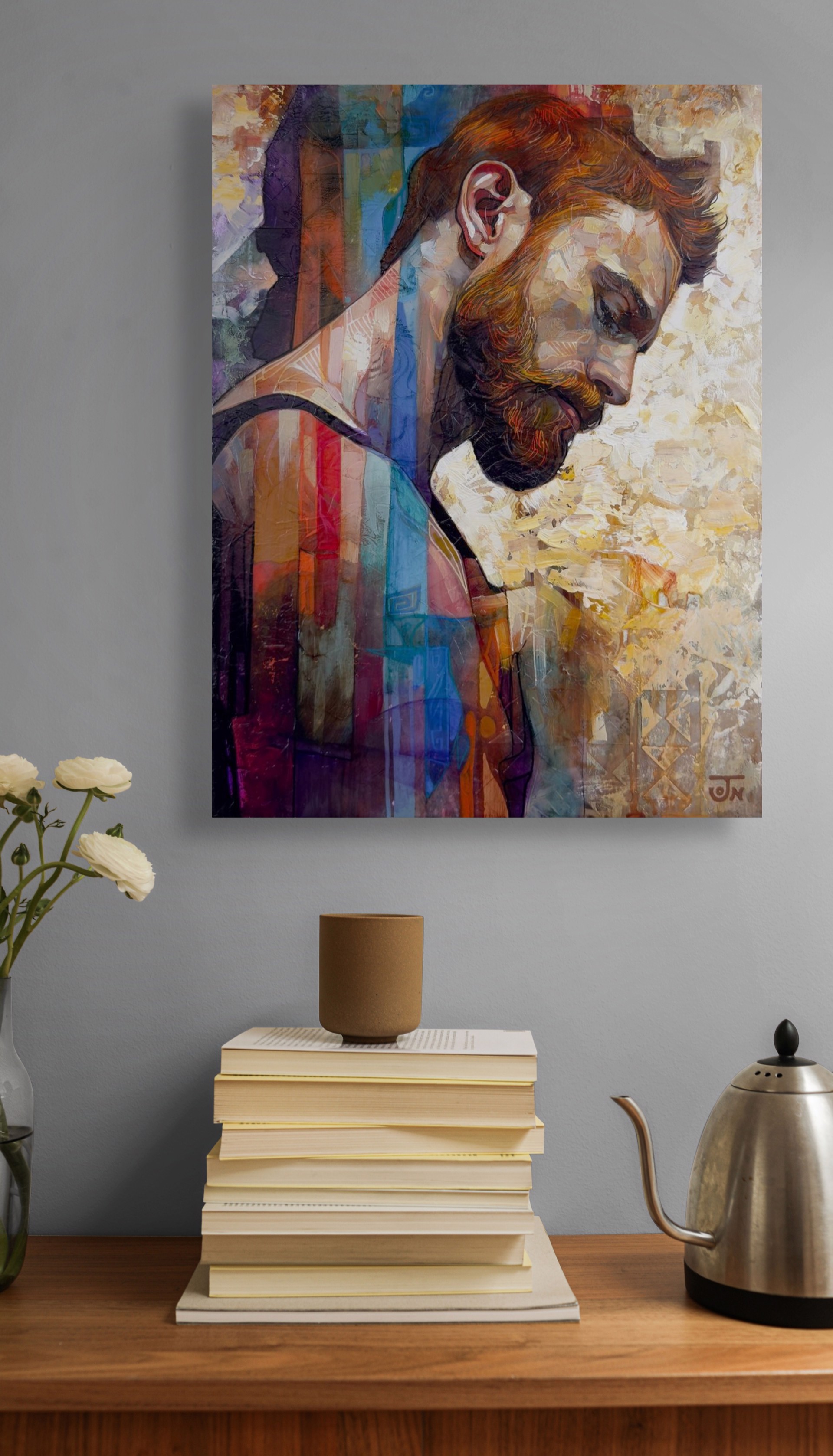 A contemplative portrait of a bearded figure rendered in textured, layered brushstrokes.