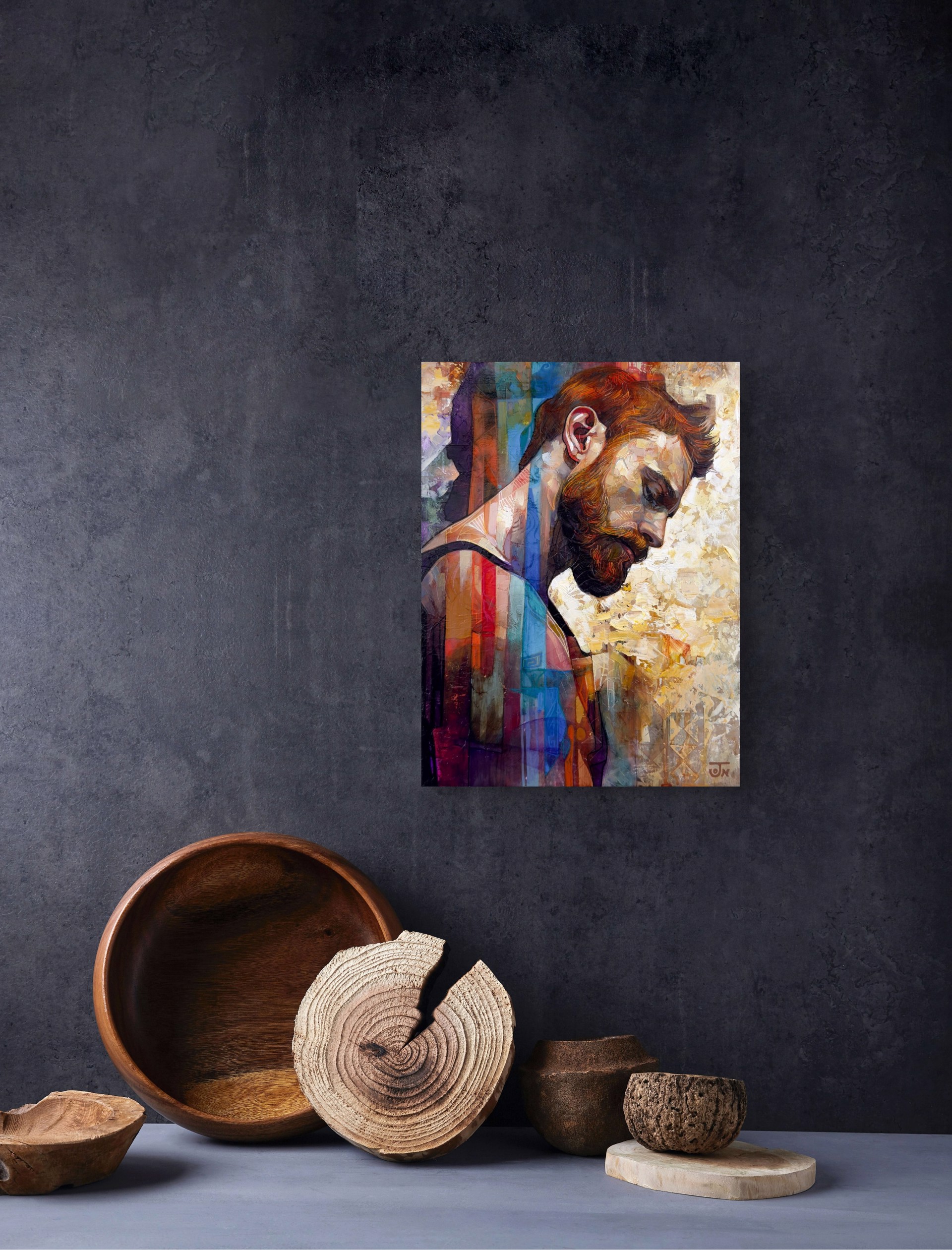 A contemplative portrait of a bearded figure rendered in textured, layered brushstrokes.