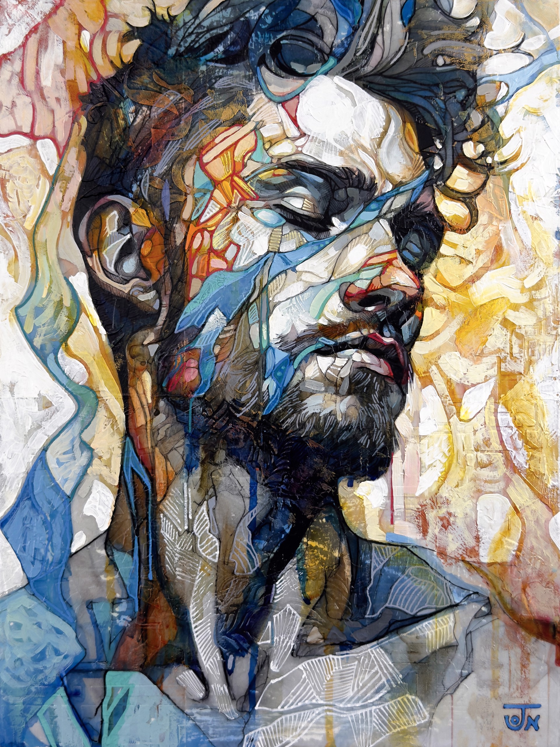 A portrait of a bearded figure with a fragmented, abstract face against a vibrant background.