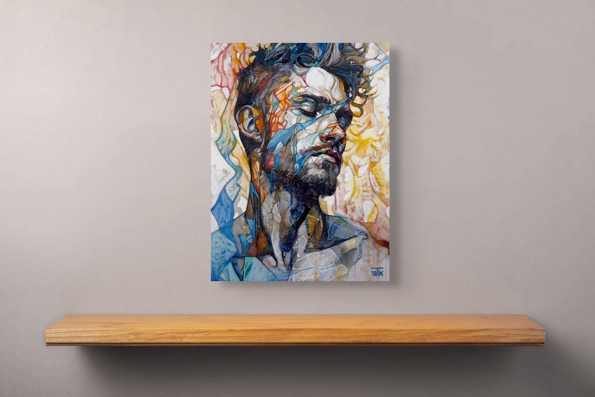 A portrait of a bearded figure with a fragmented, abstract face against a vibrant background.