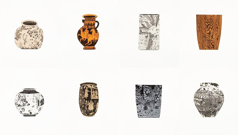 A group of vases that are sitting on a white surface.