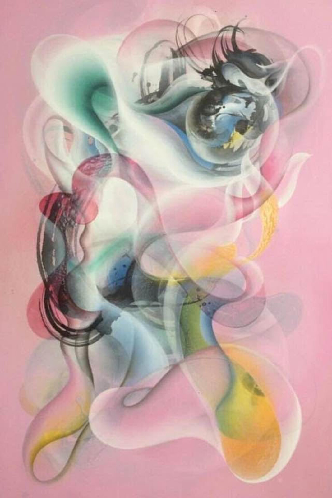 A painting of a woman's face on a pink background.