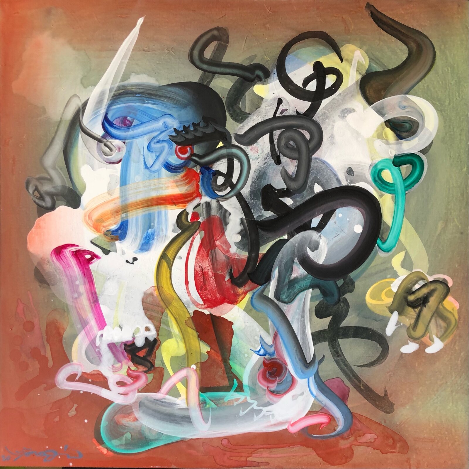 A painting of a colorful abstract painting on a brown background.