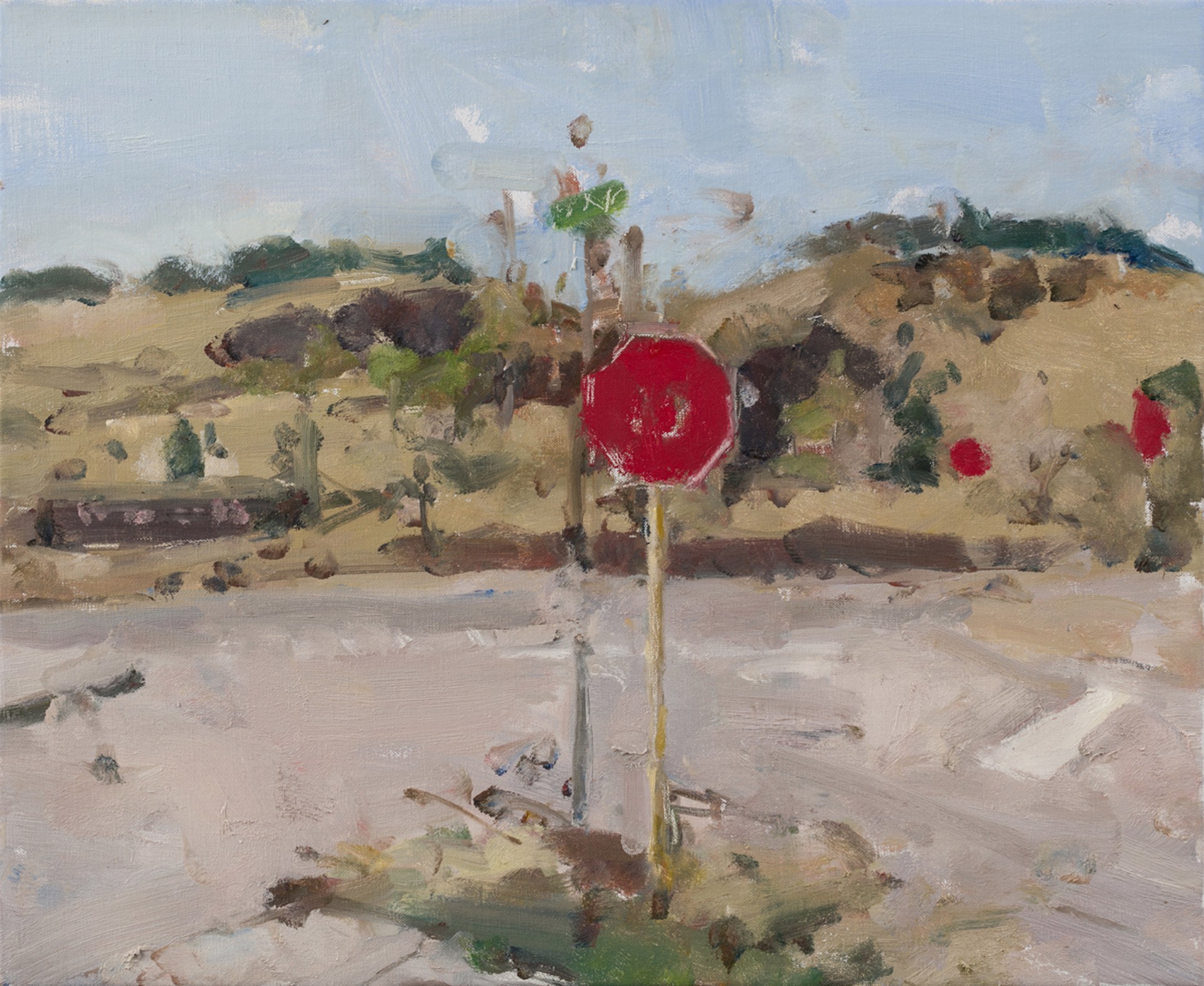 A painting of a red stop sign in the middle of a field.