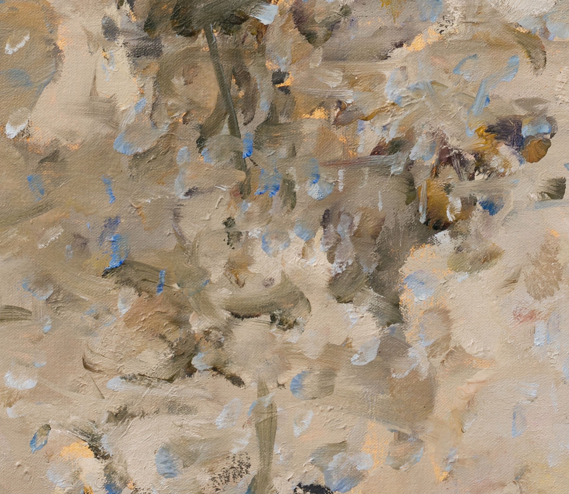 A painting of a bunch of flowers on a beige background.