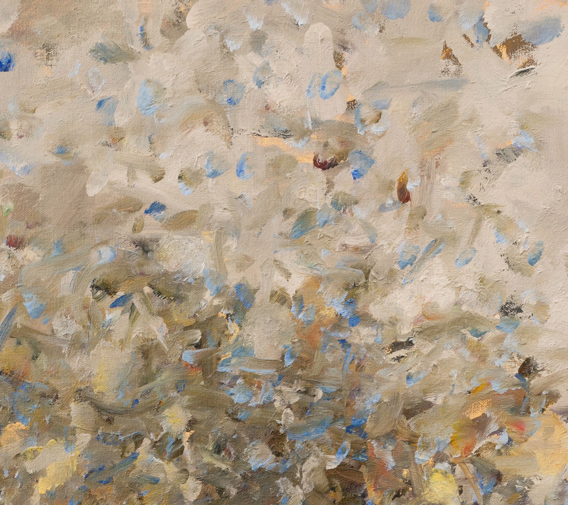 A painting of a bunch of flowers on a beige background.