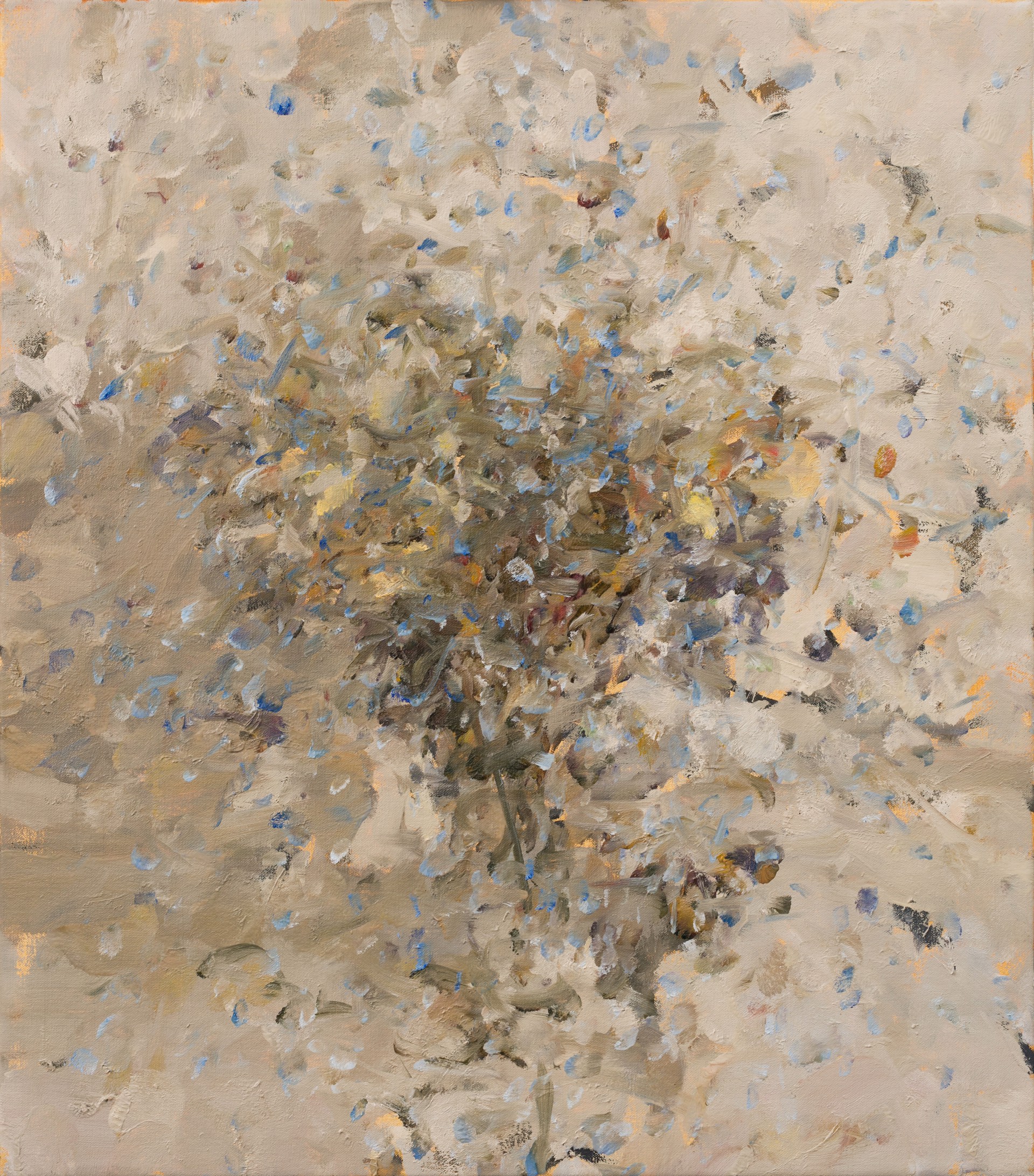 A painting of a bunch of flowers on a beige background.