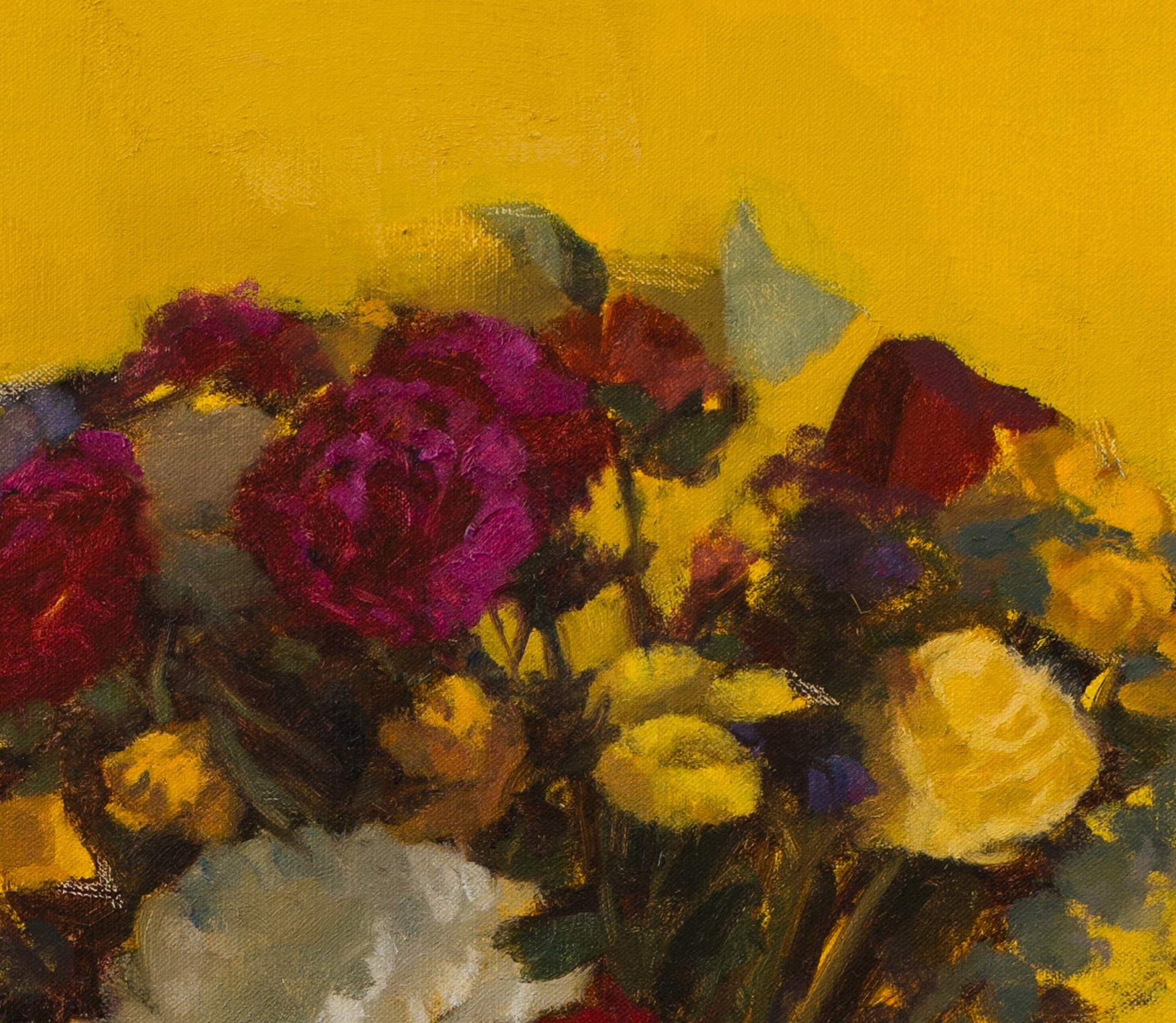 A painting of flowers in a vase on a yellow background.