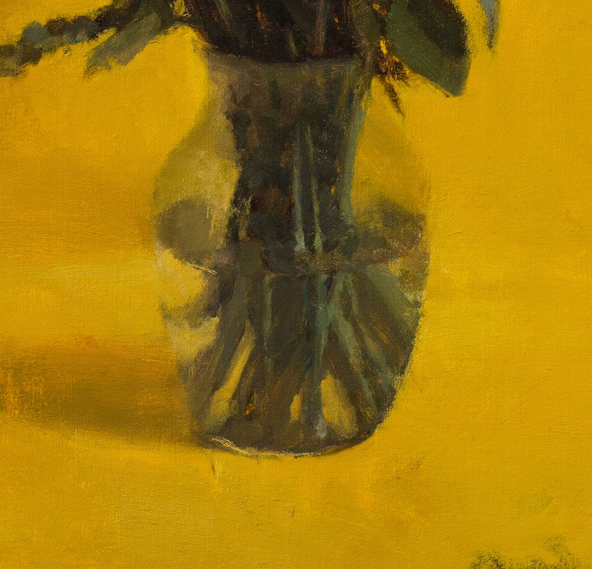 A painting of flowers in a vase on a yellow background.