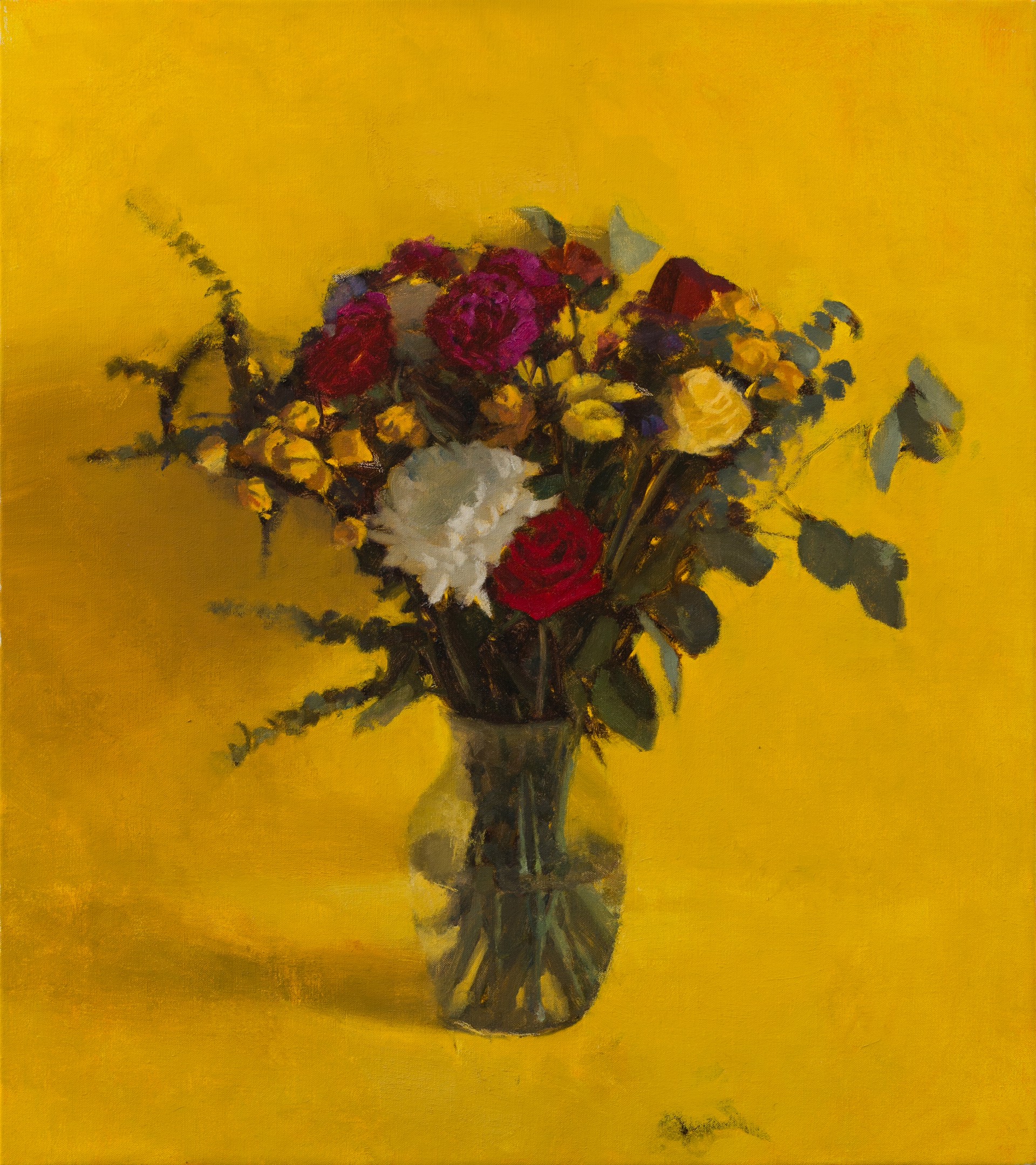 A painting of flowers in a vase on a yellow background.