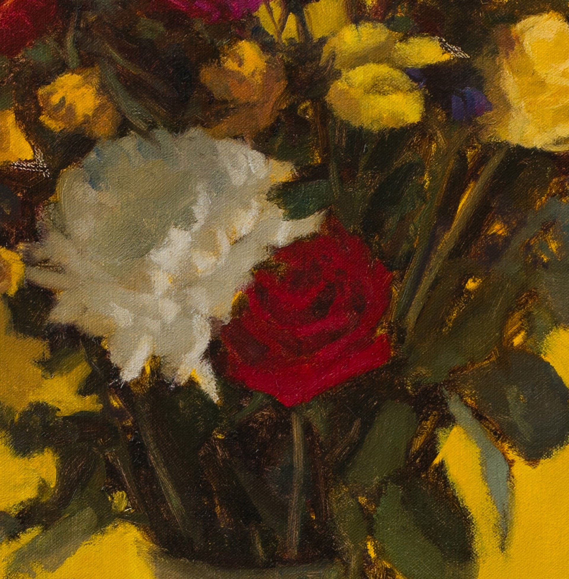A painting of flowers in a vase on a yellow background.