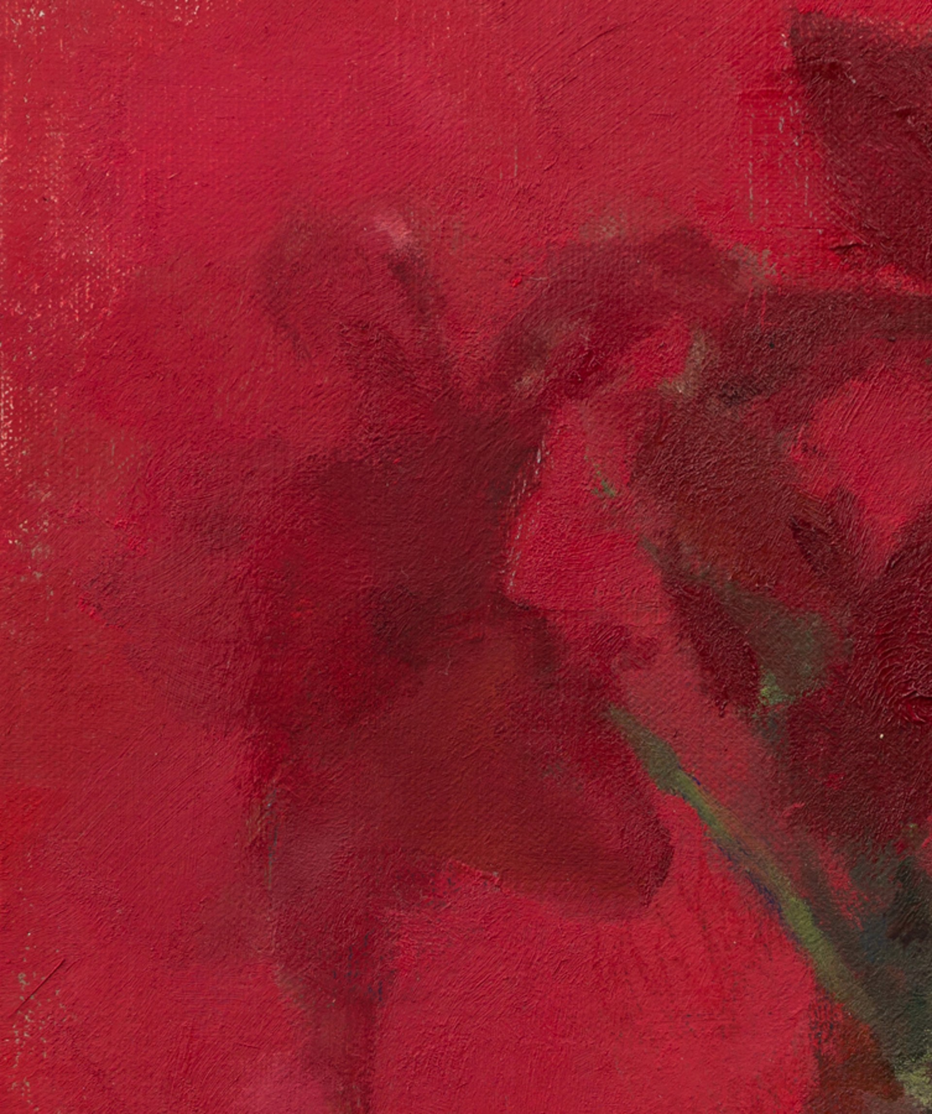 A painting of a vase of flowers on a red background.