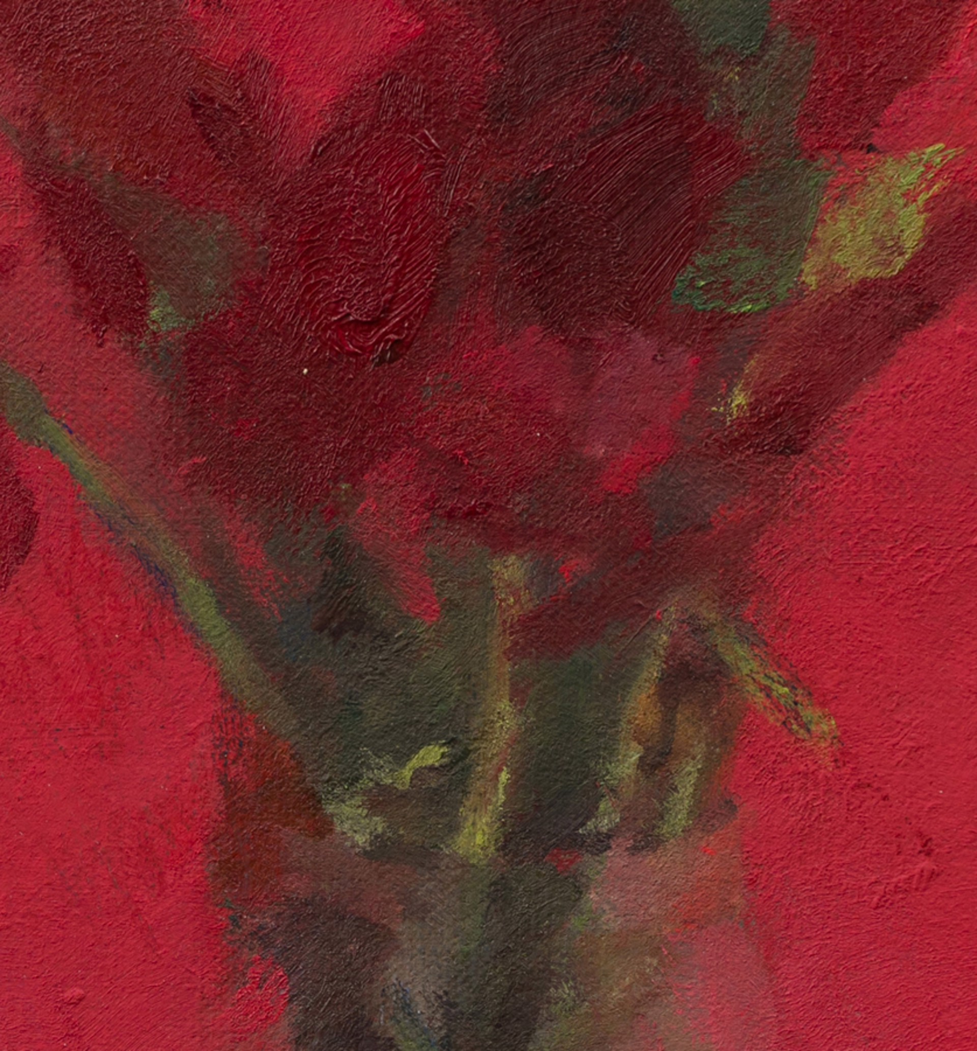 A painting of a vase of flowers on a red background.