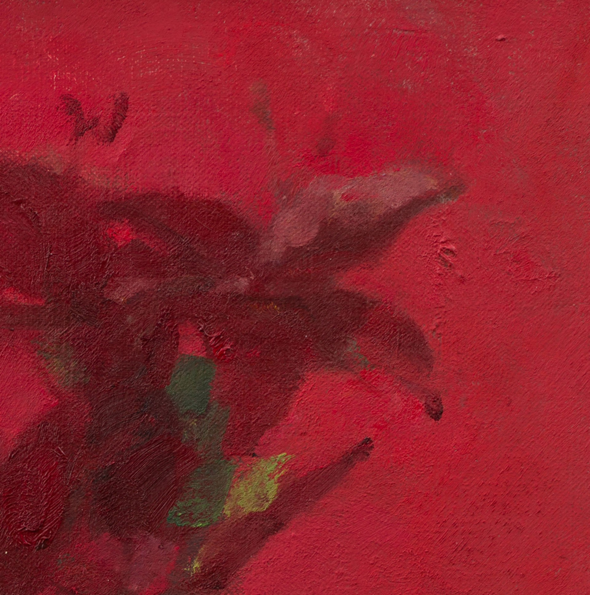 A painting of a vase of flowers on a red background.