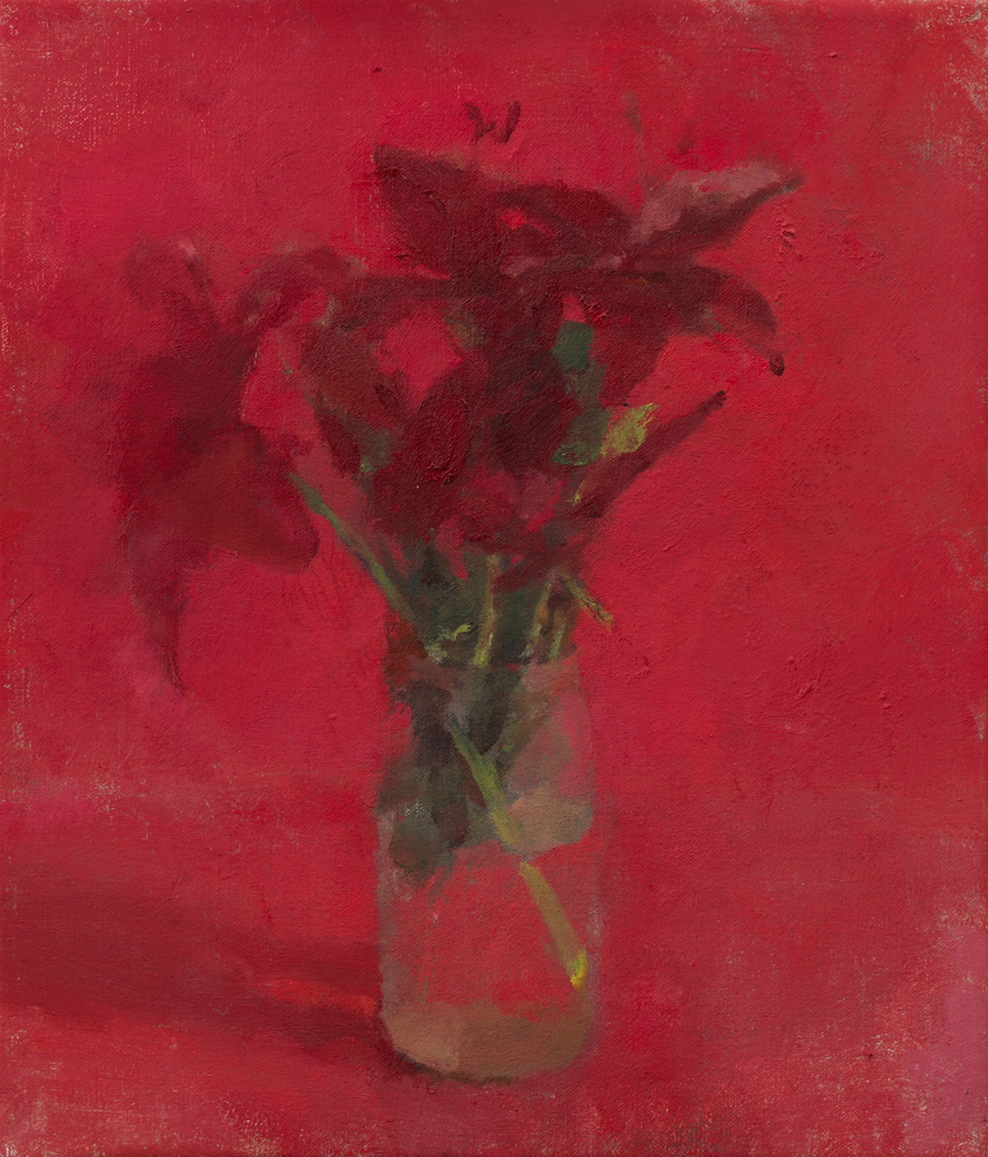 A painting of a vase of flowers on a red background.