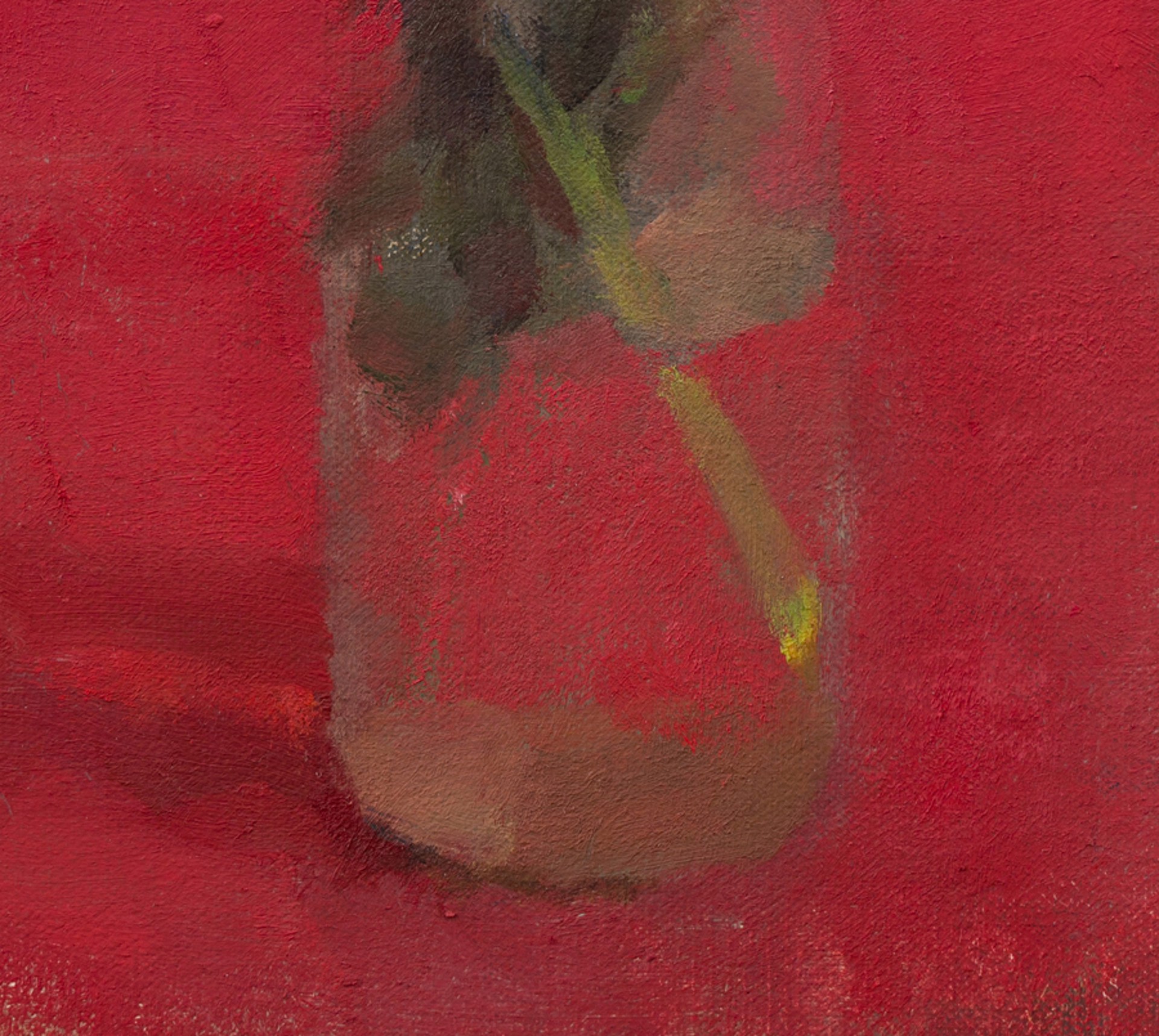 A painting of a vase of flowers on a red background.