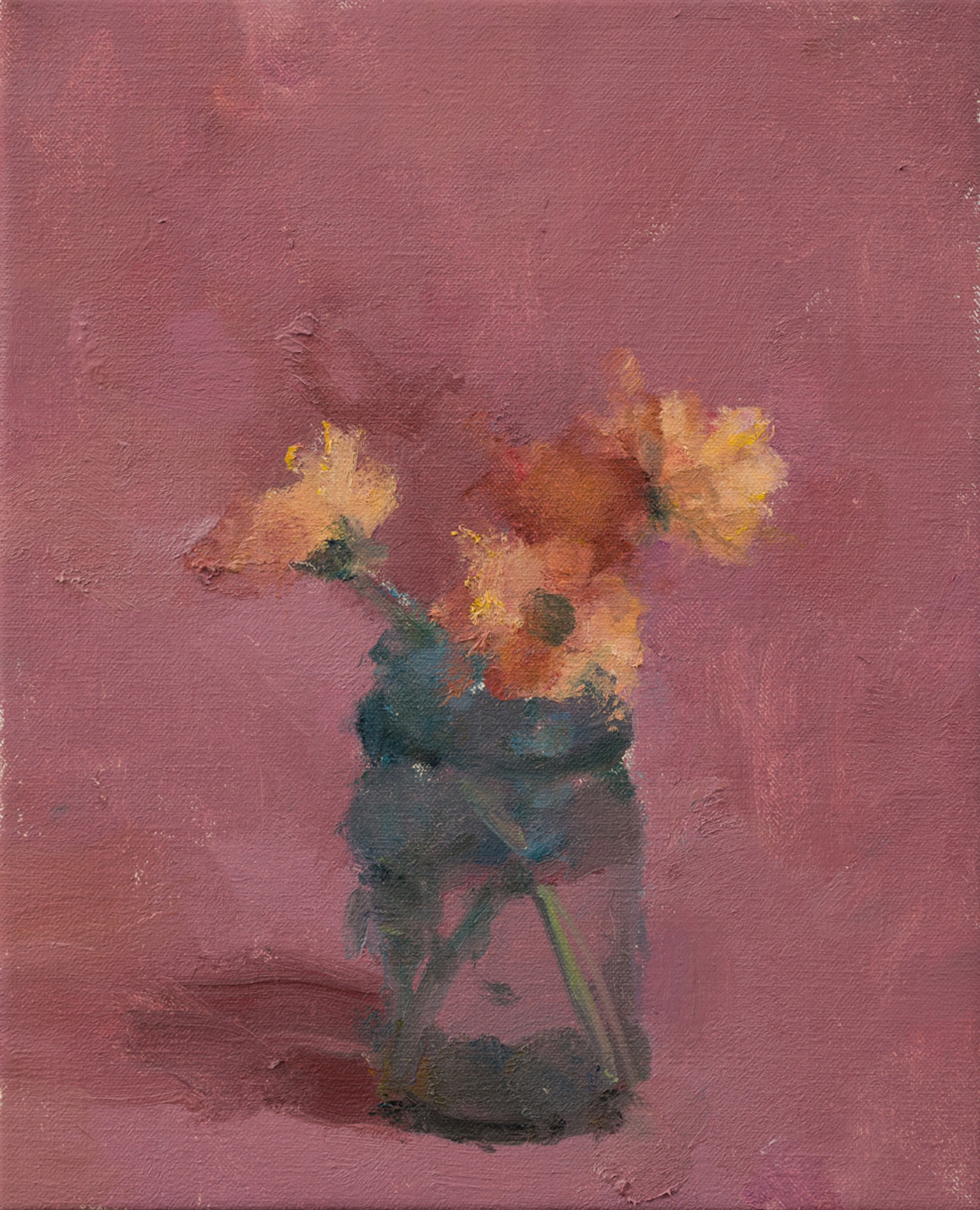 A painting of yellow flowers in a vase on a pink background.